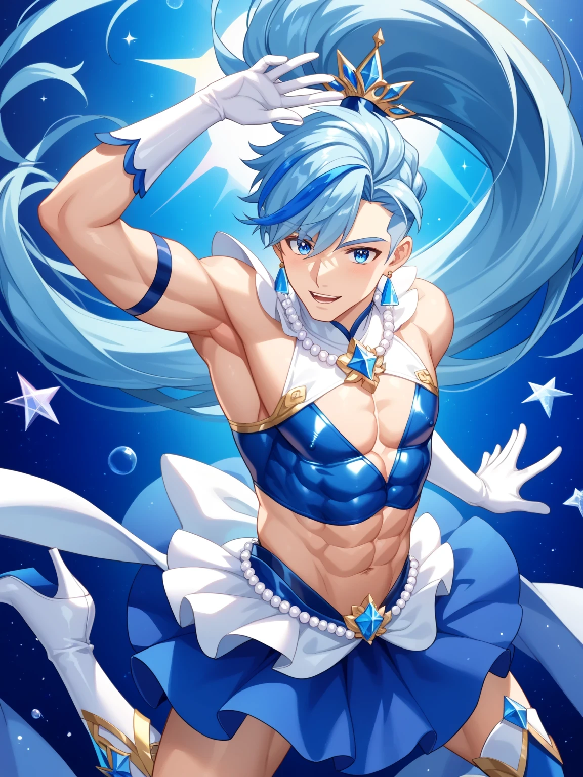 score 9 ,score 8 up, score 7 up, source anime, 1boy, in a beefcake pose, Beautiful Celestial Mage, shell, pearl, Heavenly Aura, Alone, purple cyan long haired boy , high ponytail hair, multicolored hair, two tone hair, streaked hair, Braided bangs, Knight of Zodiac Boy , Sparkling Magical Boy, royal elegant pose, beefcake style, anime man in a blue bikini dress , Anime man in a belly-baring costume, Anime Prince, Pale Arm Warmers , white gloves, white knee boots, white detached sleeves, white high heels, Blue Crop Top Dress , bikini top with an blue, muscular man, crop top with an blue, blue miniskirt, bikini top with an triangle, Blue Flare Skirt , A magical aura around him, Masculine and muscular, Portrait of Zodiac Boy Knight, feminine male, Magical Glossy Skin, latex material, slender body, at night!!, purple latex, light blue latex, two tone latex, multicolored latex, male focus, Close up of a blue haired cartoon male character posing , Bare legs, Bare thighs, Bare shoulders, midriff, navel, abs, stomach, (manly:1.95), (male body:1.95), (manly face:1,9),