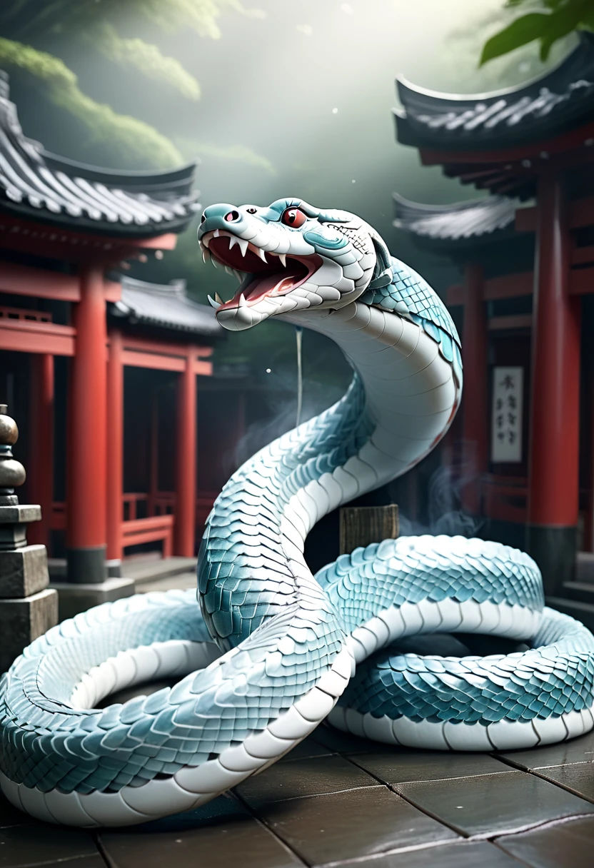 a mysterious white snake, chinese zodiac, shinto shrine, (best quality,4k,8k,highres,masterpiece:1.2),ultra-detailed,(realistic,photorealistic,photo-realistic:1.37),HDR,UHD,studio lighting,ultra-fine painting,sharp focus,physically-based rendering,extreme detail description,professional,vivid colors,bokeh,intricate details,highly detailed,ornate architecture,elegant composition,dramatic lighting,glowing translucent scales,coiled snake body,sinuous motion,ethereal atmosphere,mystical ambiance,ancient japanese temple,traditional shinto torii gate,atmospheric mist,soft warm lighting,detailed textures,dramatic shadows