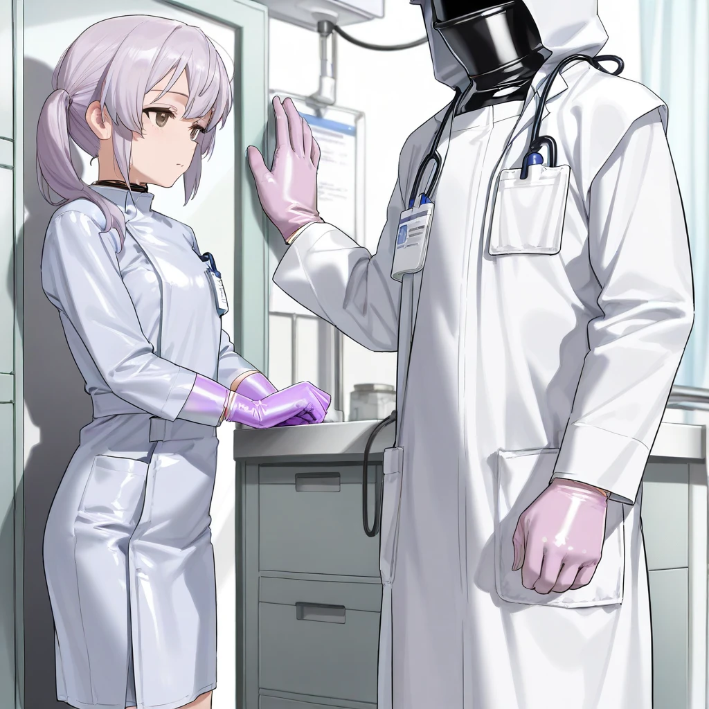   1 girl, ((light purple gloves)), ((  surgical gloves)), ((  latex gloves  )),  Other clothing is not made of latex, (([Doctor Clothes )), ((  Long Sleeve  )),   is standing, Alone