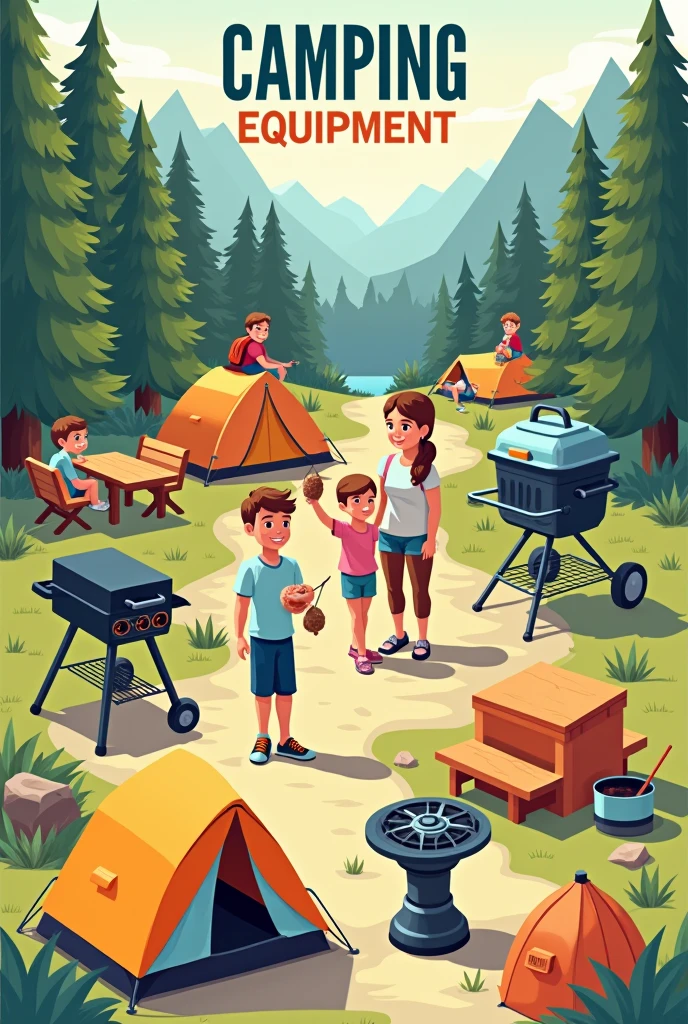 Logo for a company that provides a leisure space. Put people having fun, a swimming pool, space with a tent for camping, sol and related. And a modern and rich house