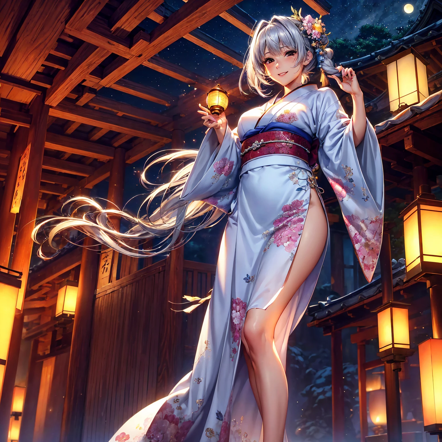 (top-quality、masterpiece、very high res、超A high resolution,High resolution details 1.5)、A woman of perfect and ultimate beauty(24 years old 1.5)、(Beautiful breasts and body shape 1.5)、Beautiful body、美丽的面容、large pink,Long hair,Beautiful hair、Japan hair ornament,realistic textured skin,Wearing a beautiful Japanese long kimono,Kimono has colors and patterns.,Kimono sleeves and obi are long,Arms outstretched,Exposed shoulders from kimono,I can see the cleavage,Bright smile,Mouth opens,Hair flutters under the influence of the wind,The sleeves and obi of a kimono flap due to the wind.,that is a mysterious place,Fantastic night sky and beautiful full moon,Lantern light,Beautiful Landscapes、(The whole body,thigh visible,accurate anatomy、extremely detailed picture、Accurate images、Perfect Image 1.5)、、beautiful anime woman, Beautiful Art Style, an animated character、The whole picture、Detailed picture、Defect-free images、natural soft light、beautiful image、、(Best Shot 1.2)