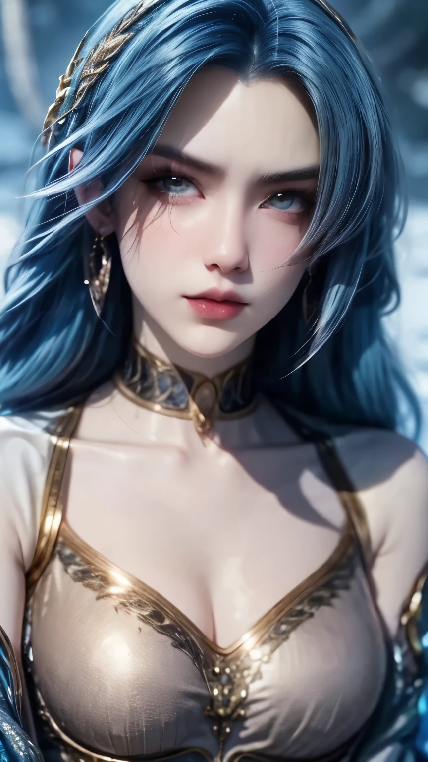 1girl, backlighting, bare shoulders, blurry, blurry background, blush, breasts, choker, cleavage, closed mouth, collarbone, earrings, forehead, hair over shoulder, jewelry, long blue hair, looking down,red lips, shadow, solo, thick eyebrows, thick eyelashes,