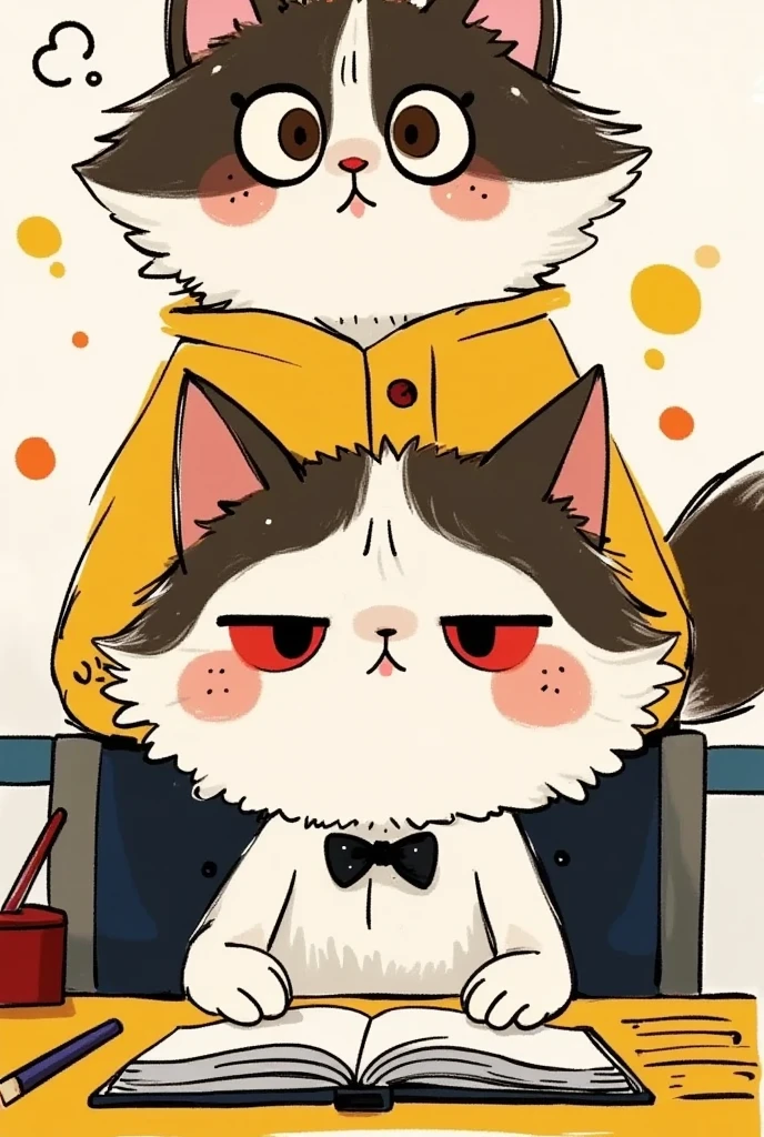  a cat sitting at the table ，There is a book in front of him， close-up shot 。,  cute anime-style cat ,   next to the cat  ,  furry artist ,  a raccoon in formal attire , Webtoon, See the face clearly , Intellectual Cat , schrodinger's cat,  Frank Hampson and Macbeth,  Bob Crampt ,  by Miklós Barabás 