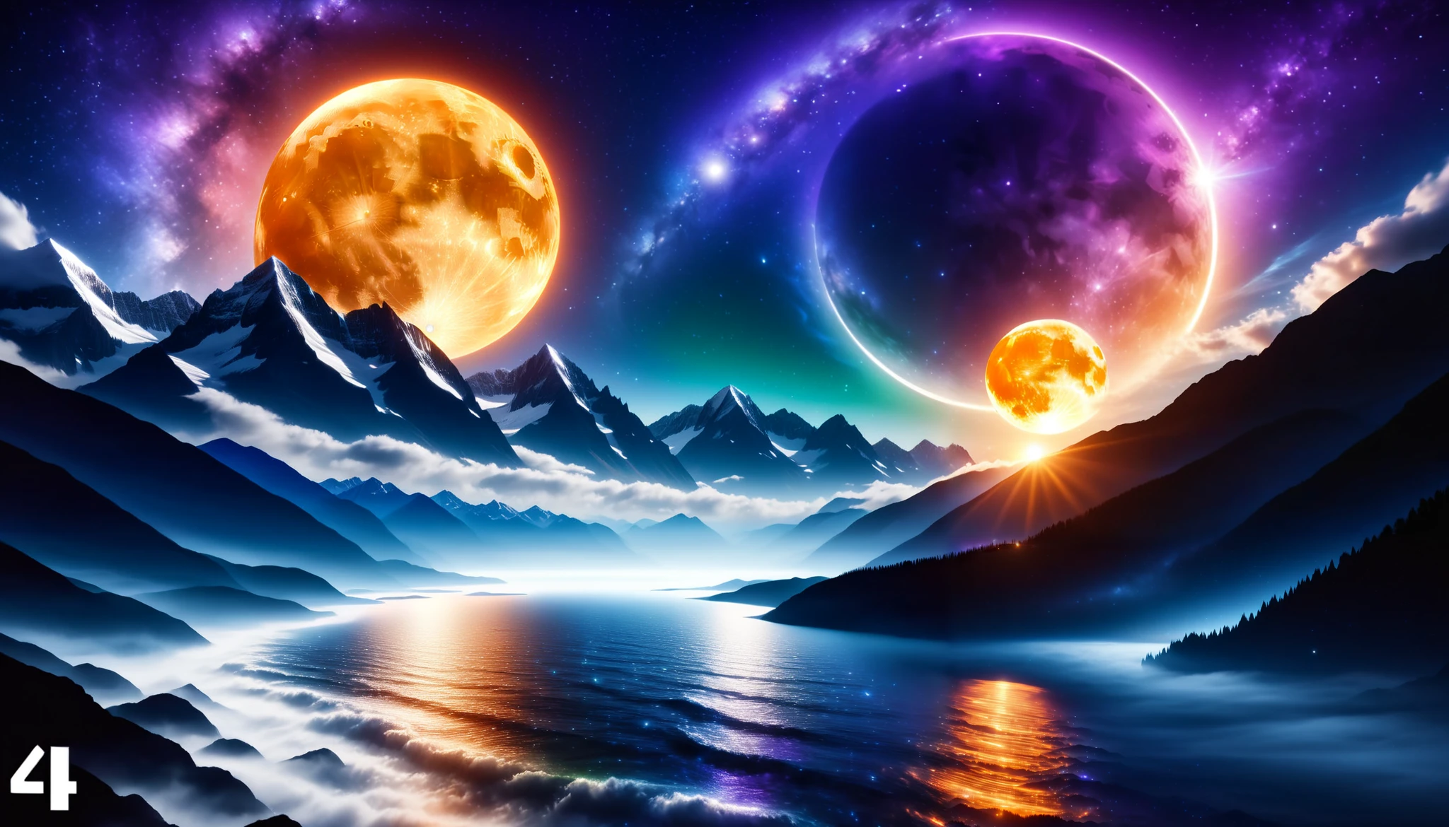 (( giant moon glowing orange),giant orange moon , super high image quality, high definition , High Quality ,Detailed Scenery ,Night Sky,（Milky Way Galaxy）,The Alps,The giant moon and stars moving to the lake々, beautiful Artistic illustration , Ultramarine, green,  Purple , black, Majestic Atmosphere,An epic and mysterious moon,
