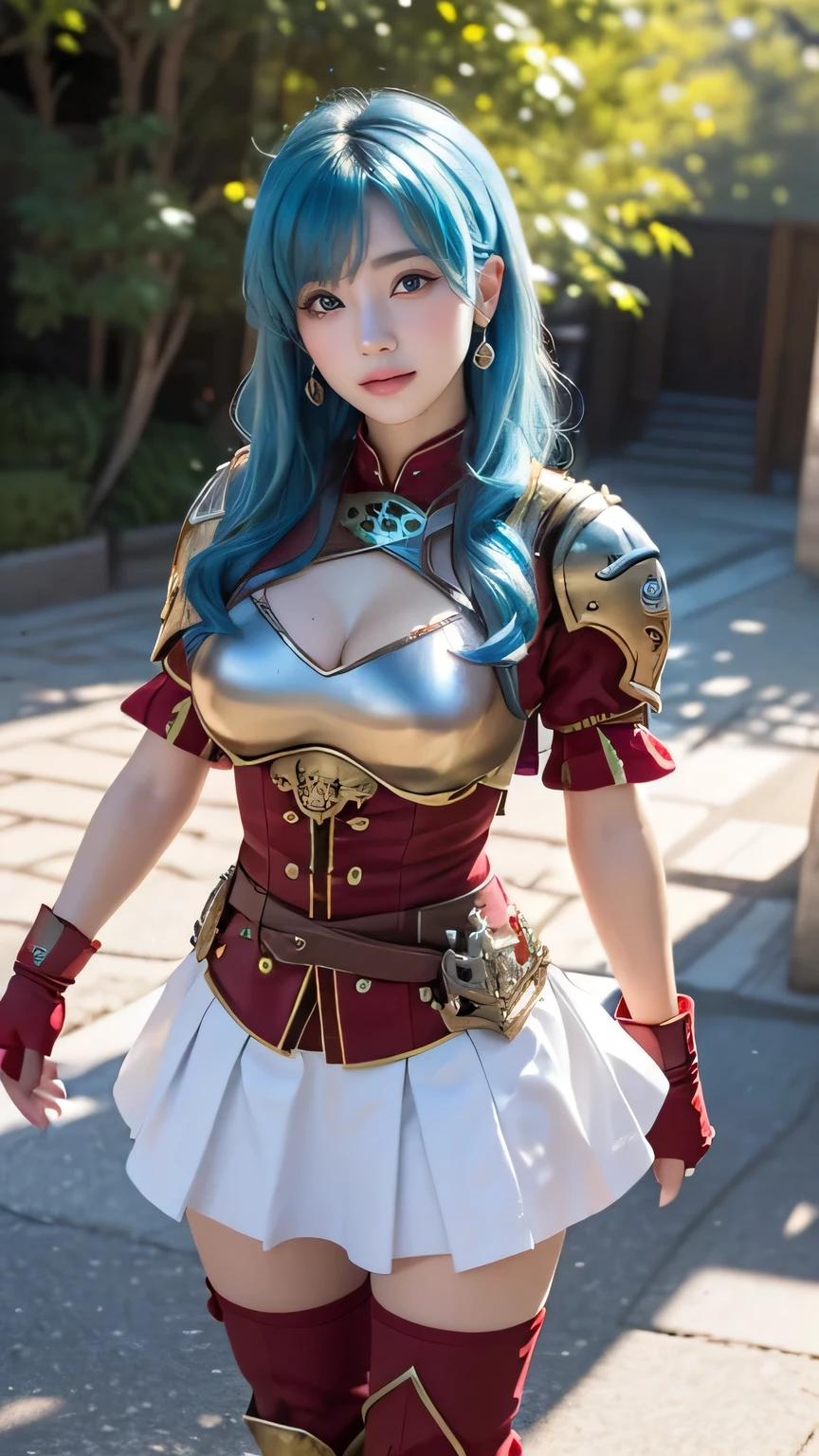 (((  top quality))), ((  Masterpiece )), (    Details), ((alone)), (((((( def_Eirika:1.8,Cyan Hair, armor,  white skirt, breastplate, yellow cape ,  absolute domain,  fingerless gloves ,  thigh-length socks,  knee-high boots,  jewelry,  earrings for women with first name,  Puffy Short Sleeves, shoulder armor,belt, red shirt  )))))),  ((( slender body:1.4, Big Breasts, cleavage in years:1.1 ,Slim waist, thick thighs,  Thin legs))),(   cameltoe   , camel toes), ((      growing skin that exposes genitals    ,    white skin,      growing skin that exposes genitals    )), Mysterious Light,  ((( Girl with a well-groomed face   ))), ((  big eyes)), ((((((Droopy eyes)))))), ((((   Exact Anatomy )))),    Completely-valid   ,    eyeshadow,    女性一人用の earrings for women with first name  ,((( is standing, Dynamic Poses ))),