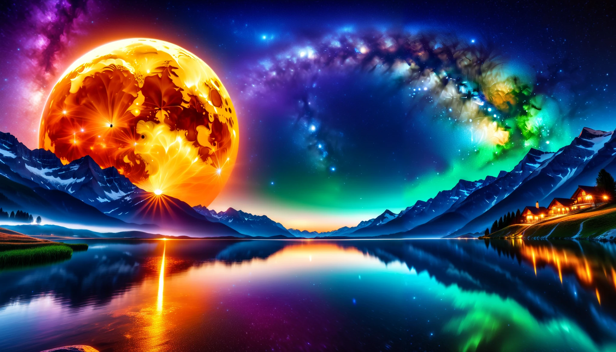 (( giant moon glowing orange),giant orange moon , super high image quality, high definition , High Quality ,Detailed Scenery ,Night Sky,（Milky Way Galaxy）,The Alps,The giant moon and stars moving to the lake々, beautiful Artistic illustration , Ultramarine, green,  Purple , black, Majestic Atmosphere,An epic and mysterious moon,
