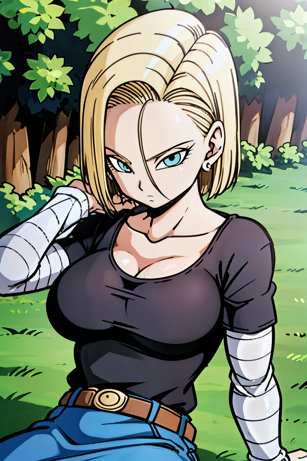 Masterpiece, detailed face,
Android 18, Buu Saga, 1 girl, alone, looking at the observer, short hair, blue eyes, blonde hair, collarbone, arm around chest((boobs:1.2)),
field, trees,((normal :1.2))cleavage, forest, field, upper body, black shirt, sleeves striped, belt, denim blue skirt, black pantyhose, high brown boots, full body, laying with back on picknick Blanket
