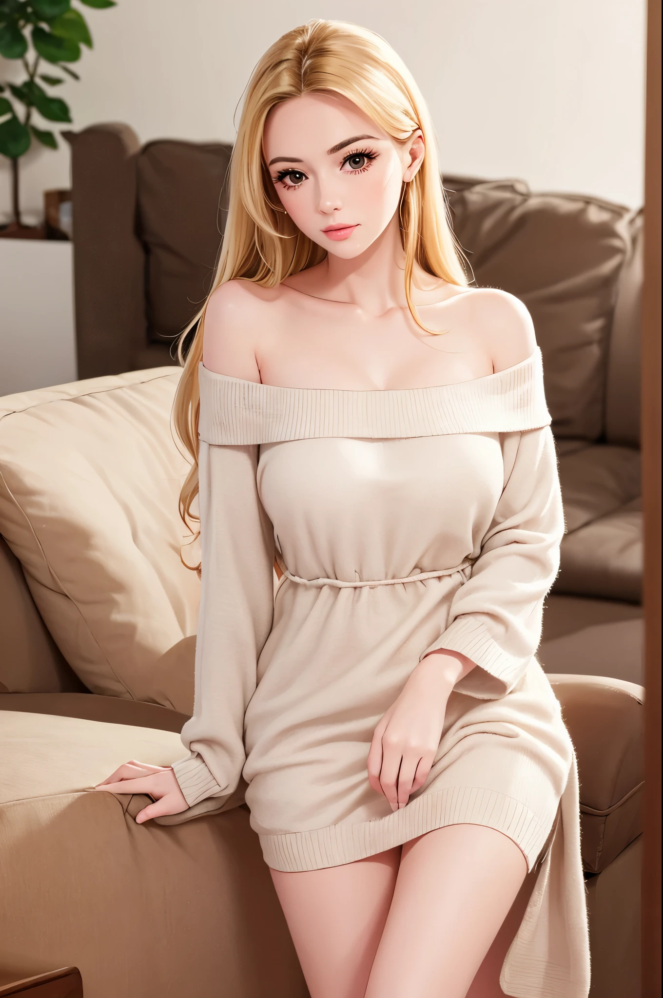 A beautiful, gorgeous, mature woman with big brown eyes, long blonde straight hair, and fair white skin. She's wearing a cute, long, spaghetti-white dress, with a brown sweater over the dress worn in an off-shoulder style, and white slippers. Cozy living room background and show full drawing.