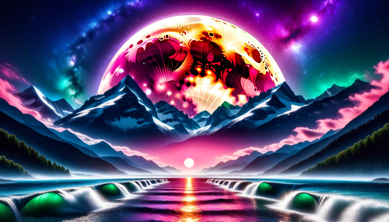 ( huge moon shining pink),giant pink moon , super high image quality, high definition , High Quality ,Detailed Scenery ,Night Sky,（Milky Way Galaxy）,The Alps,The giant moon and stars moving to the lake々, beautiful Artistic illustration , Ultramarine, green,  Purple , black, Majestic Atmosphere,An epic and mysterious moon,