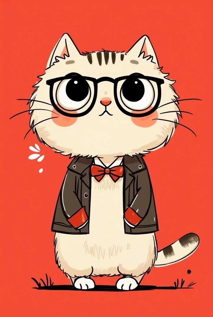 cartoon cat wearing a jacket and glasses on a red background, Wear stylish clothes as avatars,   looks cool and stylish ,  cute and detailed digital art , Lovely art style,  lovely artwork, Illustration style,  可爱的细节艺术品 , 可爱的数字艺术,  cartoon art style , Cute cartoon style, Minimalist cartoon style ,   high quality character design  , Cartoon style illustration, Lofi Art