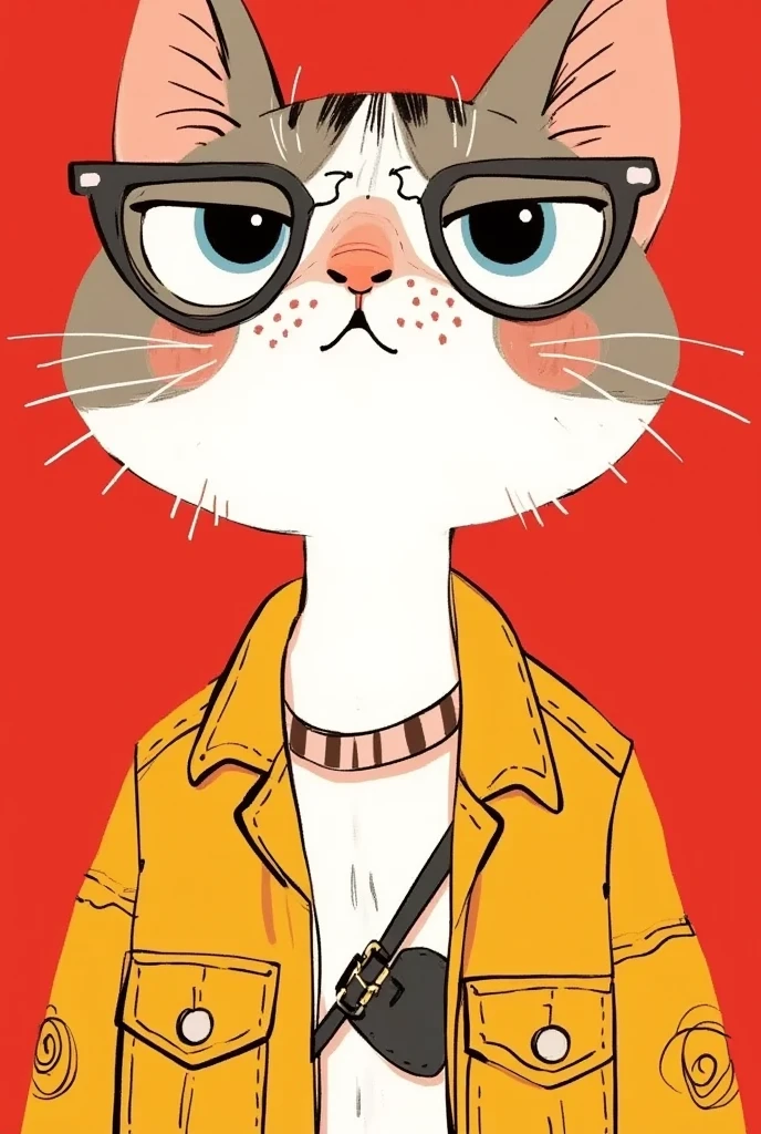 cartoon cat wearing a jacket and glasses on a red background, Wear stylish clothes as avatars,   looks cool and stylish ,  cute and detailed digital art , Lovely art style,  lovely artwork, Illustration style,  可爱的细节艺术品 , 可爱的数字艺术,  cartoon art style , Cute cartoon style, Minimalist cartoon style ,   high quality character design  , Cartoon style illustration, Lofi Art