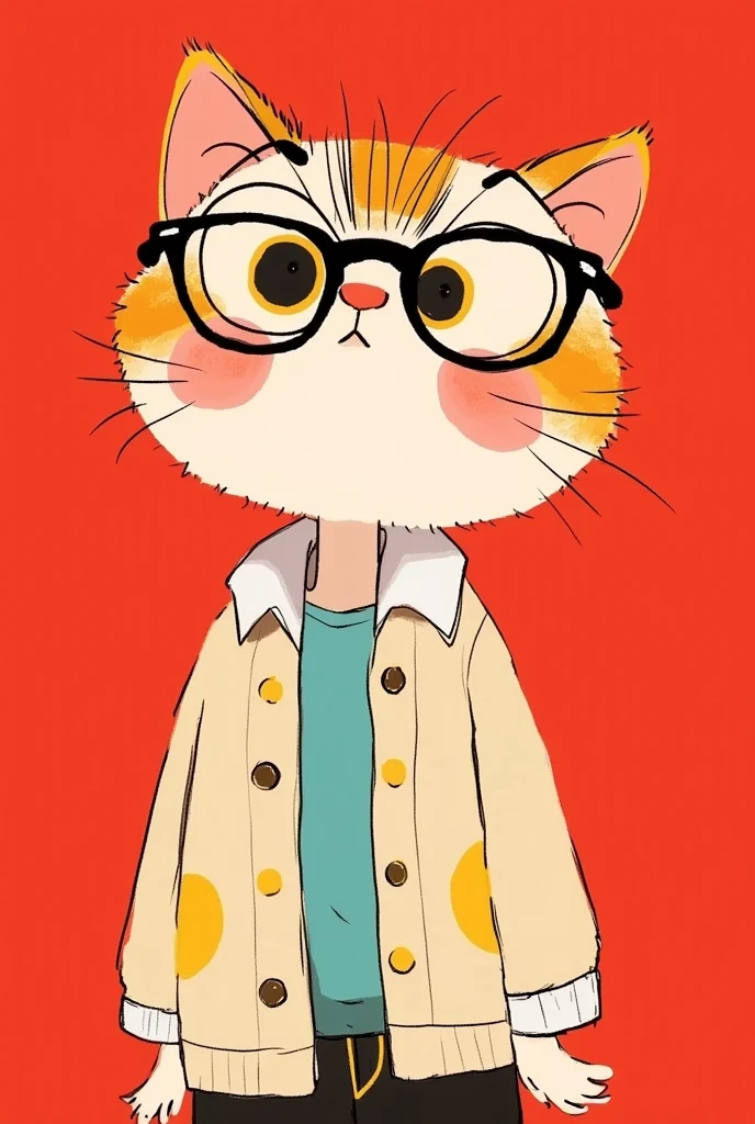  cartoon cat wearing a jacket and glasses on a red background, Vector art courtesy of Ryan Yee , Popular paintings by ,  furry art , Wear stylish clothes as avatars,   looks cool and stylish ,  cute and detailed digital art , Lovely art style,  lovely artwork, Illustration style,  可爱的细节艺术品 , 可爱的数字艺术,  cartoon art style , Cute cartoon style, Minimalist cartoon style 