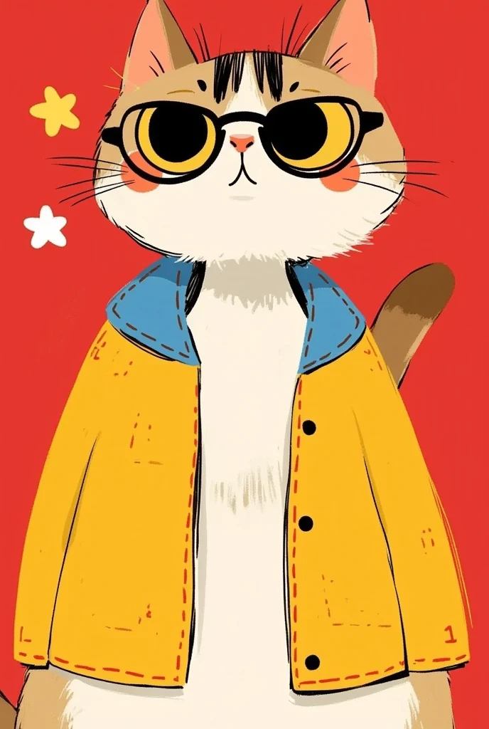  cartoon cat wearing a jacket and glasses on a red background, Vector art courtesy of Ryan Yee , Popular paintings by ,  furry art , Wear stylish clothes as avatars,   looks cool and stylish ,  cute and detailed digital art , Lovely art style,  lovely artwork, Illustration style,  可爱的细节艺术品 , 可爱的数字艺术,  cartoon art style , Cute cartoon style, Minimalist cartoon style 