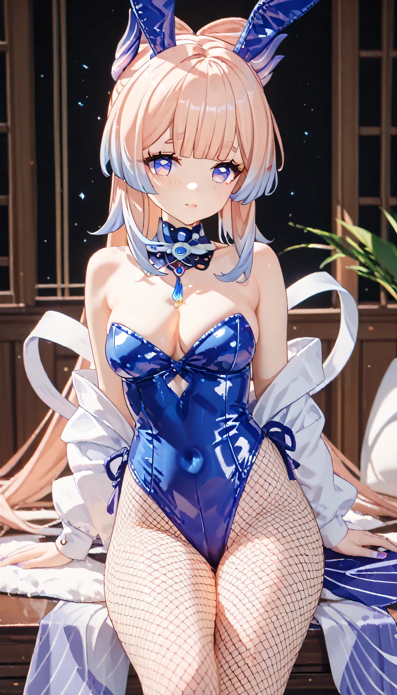 ((bunny girl:1.6)), Kokomi Sangonomiya, genshin, leotard, fishnet tights