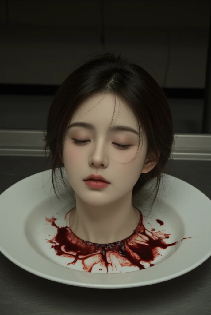   place the head of a decapitated woman , Asia,  Less blood stains   , ((  with eyes closed )),   like a dish on a plate  , Bloody,  actual , 4K, Nikon, fear