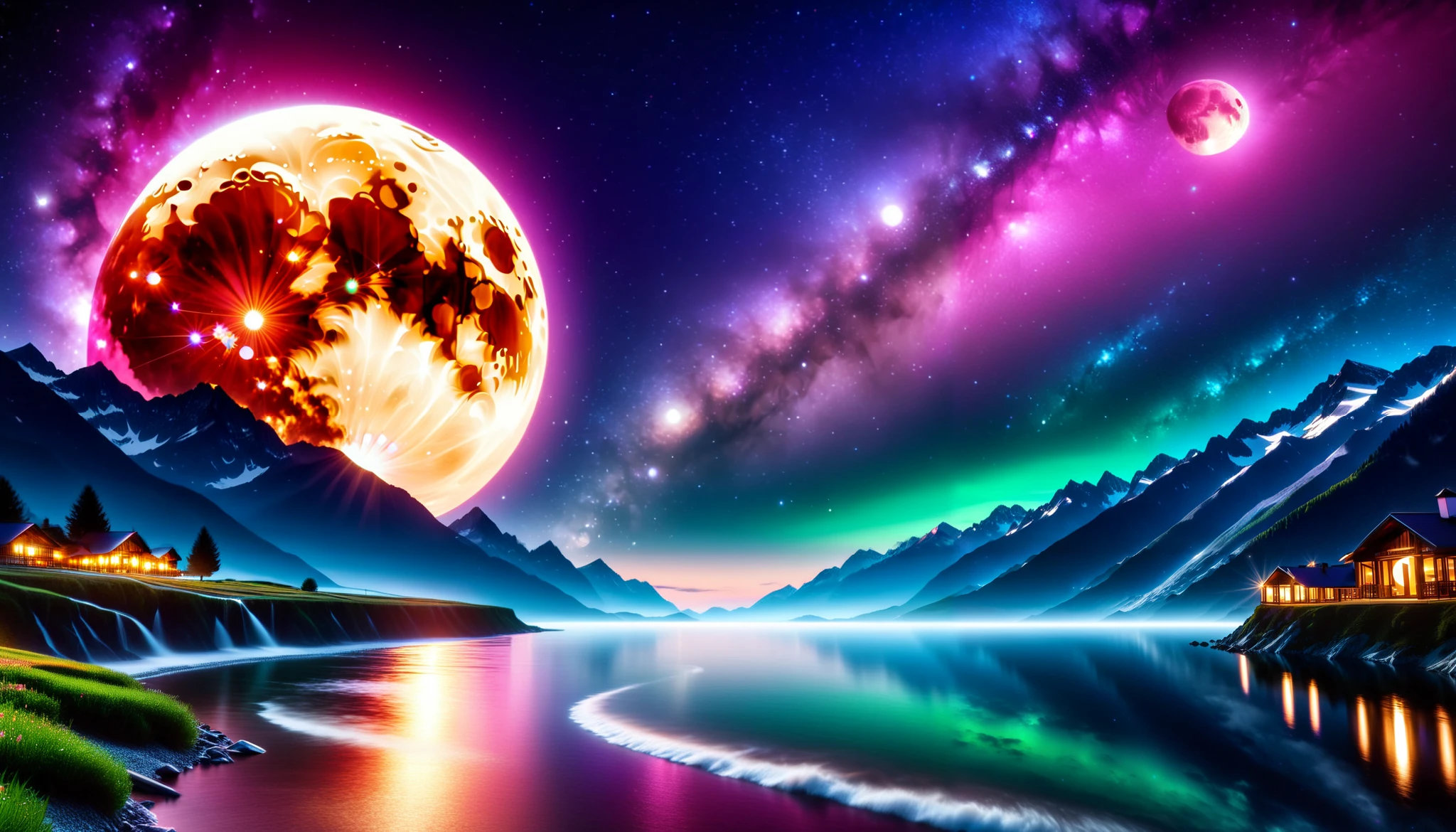 ( huge moon shining pink),giant pink moon , super high image quality, high definition , High Quality ,Detailed Scenery ,Night Sky,（Milky Way Galaxy）,The Alps,The giant moon and stars moving to the lake々, beautiful Artistic illustration , Ultramarine, green,  Purple , black, Majestic Atmosphere,An epic and mysterious moon,