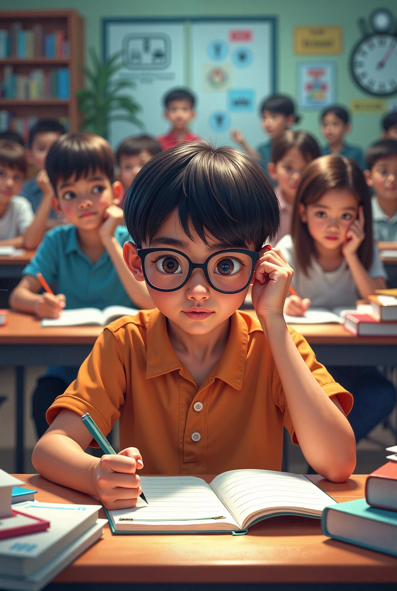 Very cute little boy cartoon character, classroom, with friends watching teacher tell stories, unreal engine, warm indoor lighting, arts station, detailed digital painting, cinematic, character design by mark ryden and pixar and hayao miyazaki, unreal 5, daz, hyperrealistic, octane rendering