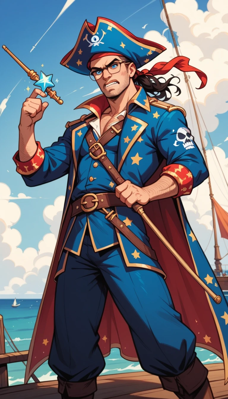 A pirate man and wizard ,wear glasses,, thin,  dark blue costume with star print , holds a magic wand pirate hat,  blue eyes, , Standing on the ship, determined expression 