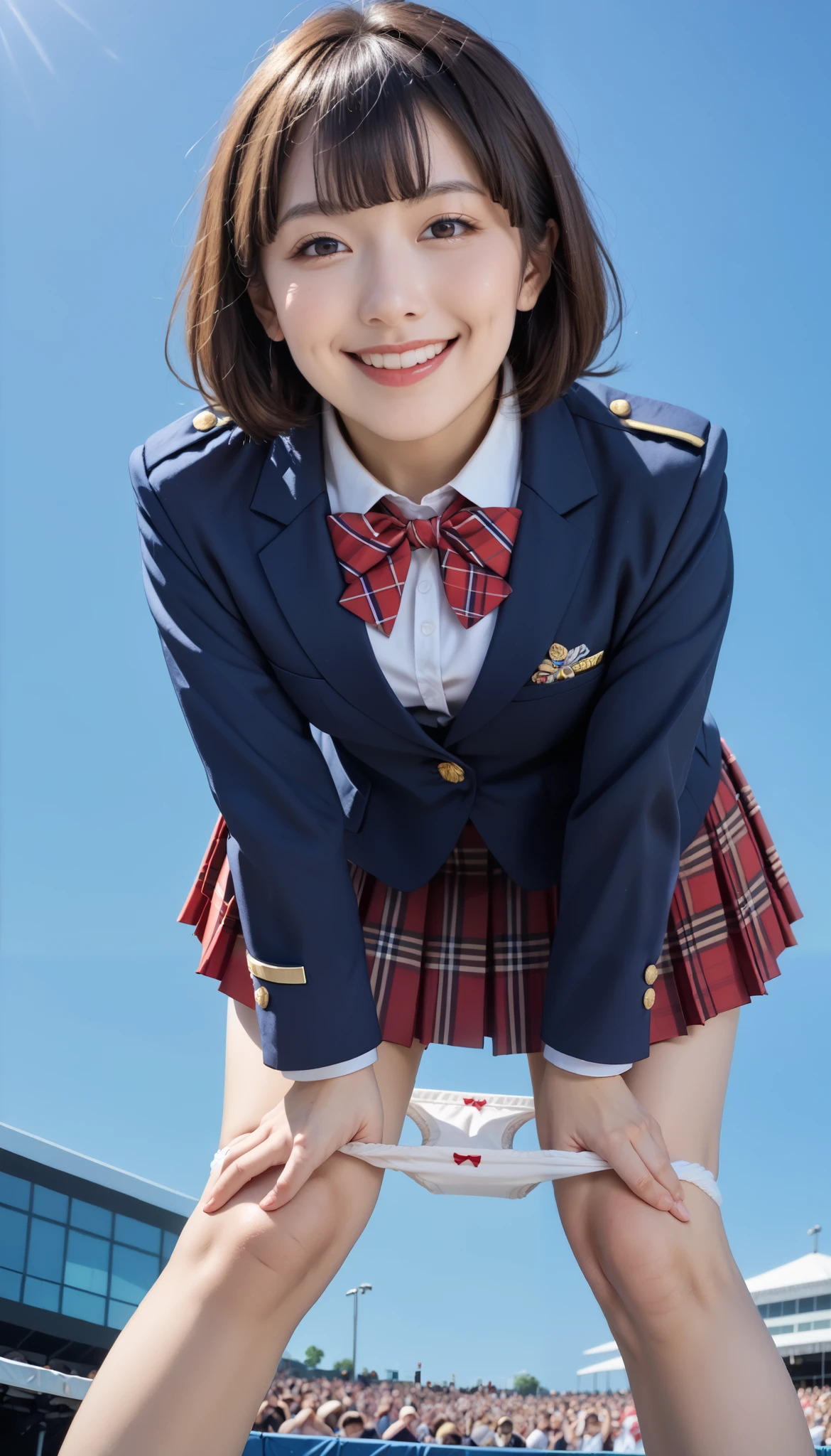 score_9, score_8_up, score_7_up, source_real, high resolution photograph, realistic, photo-realistic, masterpiece, amazing quality, intricate details, solo, 1girl, seductive pose for gravure photography, (Japanese idol uniform, AKB48-style costume), (navy-blue blazer with red trim and red collar lining, emblem, white collared shirt, bowtie:1.2), (red miniskirt, tartan check plaid skirt, pleated skirt:1.3), brown eyes, (big smile), (straight long brown hair with blunt bangs), (standing leaning forward, panties down to knees:1.4), (looking at viewer, view from below), outdoors, concert venue, on stage, blue sky and clouds, perfect anatomy, perfect hand, handfixer, intricate_details_xl,