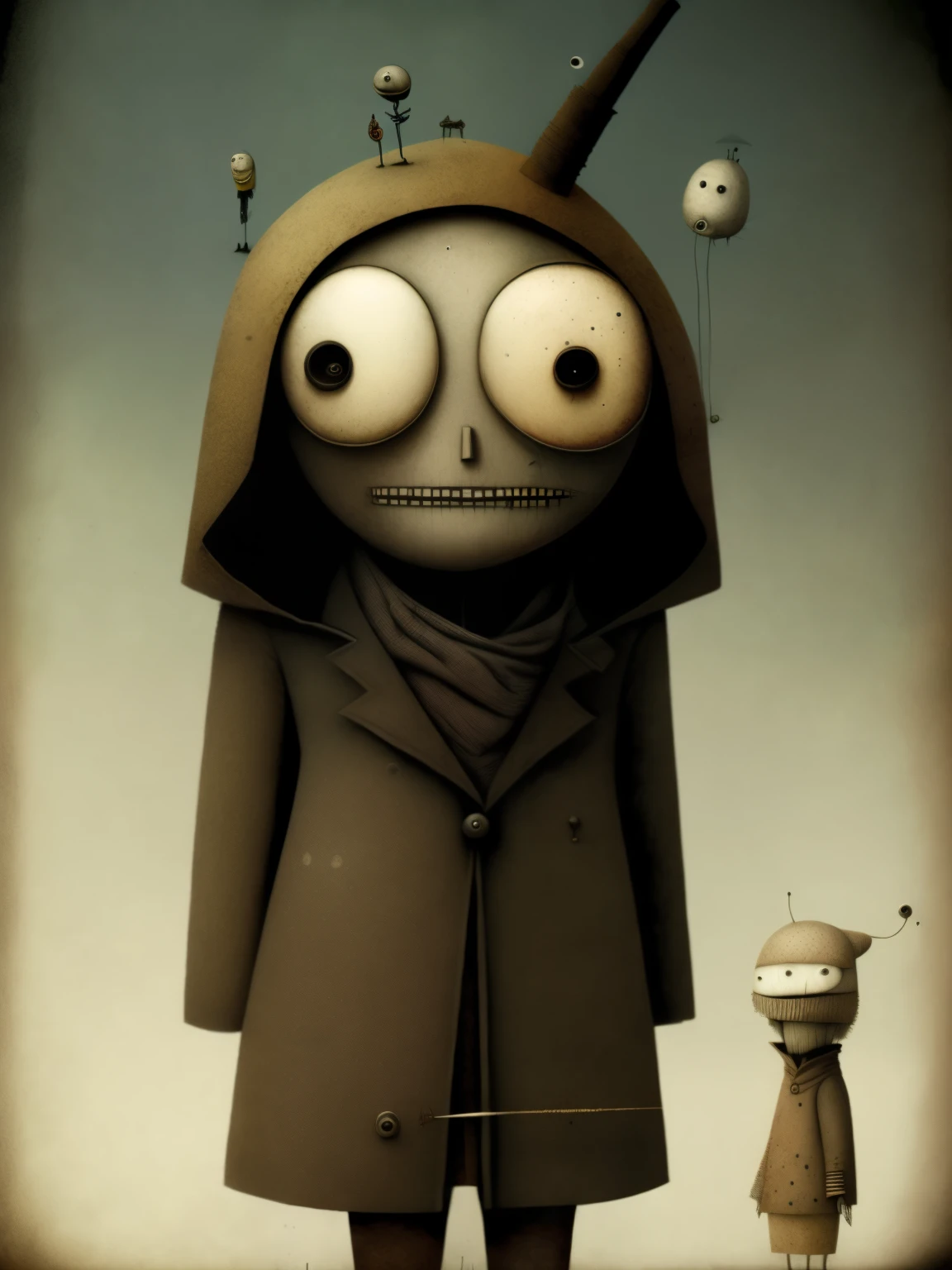 Strange musicians, cartoon characters dressed in coats and hats , Anton Semenov, Characters from Machinarium, Dot pupils, Three eyes, Six from Little Nightmares, 3 heads, Three heads, creepy smiles, , Somber, by Yi Inmun, Lieutenant Tadeusz Brzozowski, few eyeballs, horrifying!!, Arte conceptual post grunge