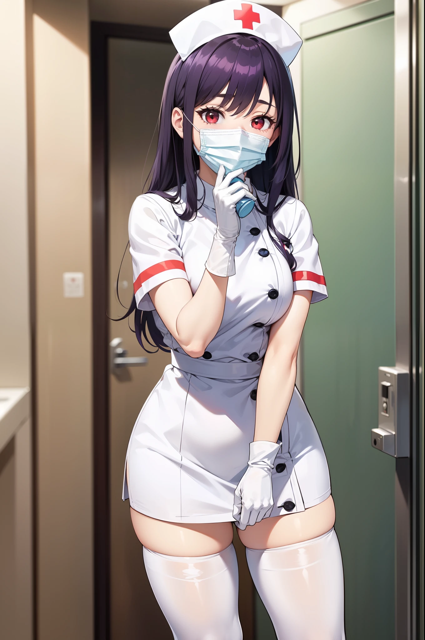 1woman, solo, nurse, white nurse cap, white nurse uniform, ((white legwear, zettai ryouiki)), white gloves, long hair, purple hair, red eyes, ((white surgical mask, covered nose)), standing, ((hospital room)), sharp outline, short sleeves, mature female, 35 years old, best quality, masterpiece