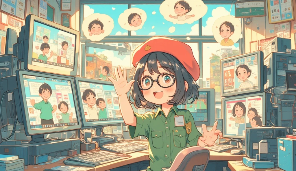 (masterpiece, high quality, high definition, 4k, 8k, detail), cute Japanese girl (1 solo, lofi girl, cute face) (black hair, short hair, black rimmed glasses, red beret, green shirt dress), waving at multiple computers, each screen shows people waving,
, happy atmosphere, simple background, simple room, desk.