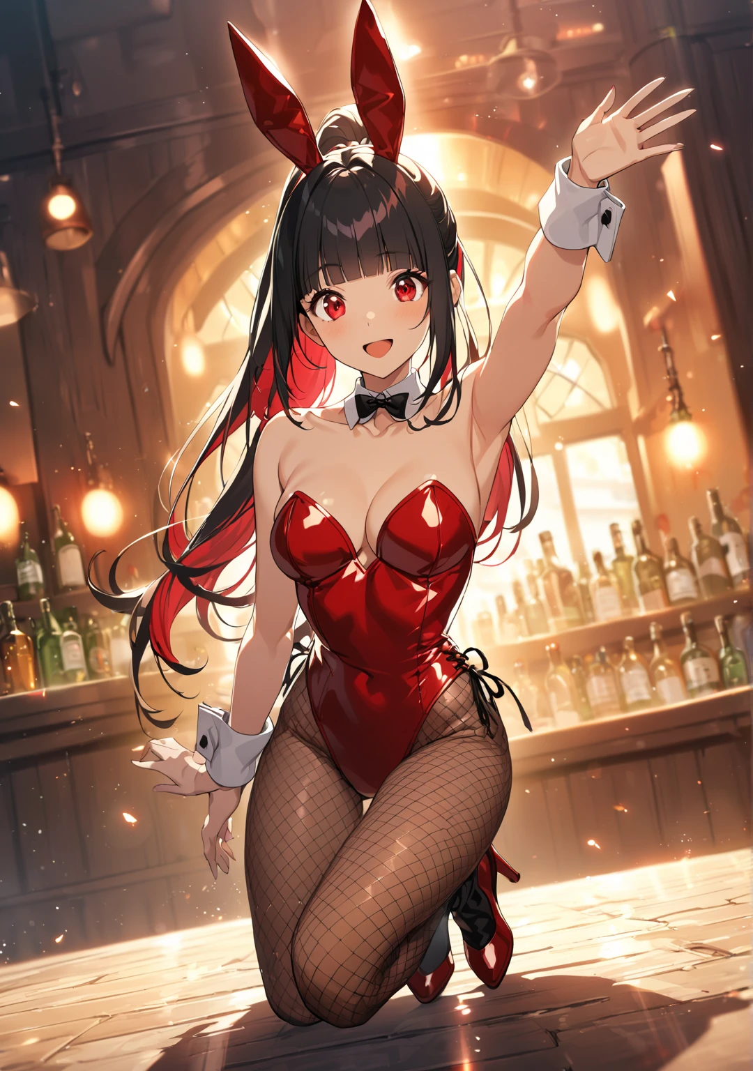 (masterpiece、highest quality、Super detailed)、One girl、Black Hair、twintails、Red eyes、evil smile、((Grin))、Small 、((red playboy)、((black pantyhose))、CoShot、turn around、Shoot from behind、BAR Background