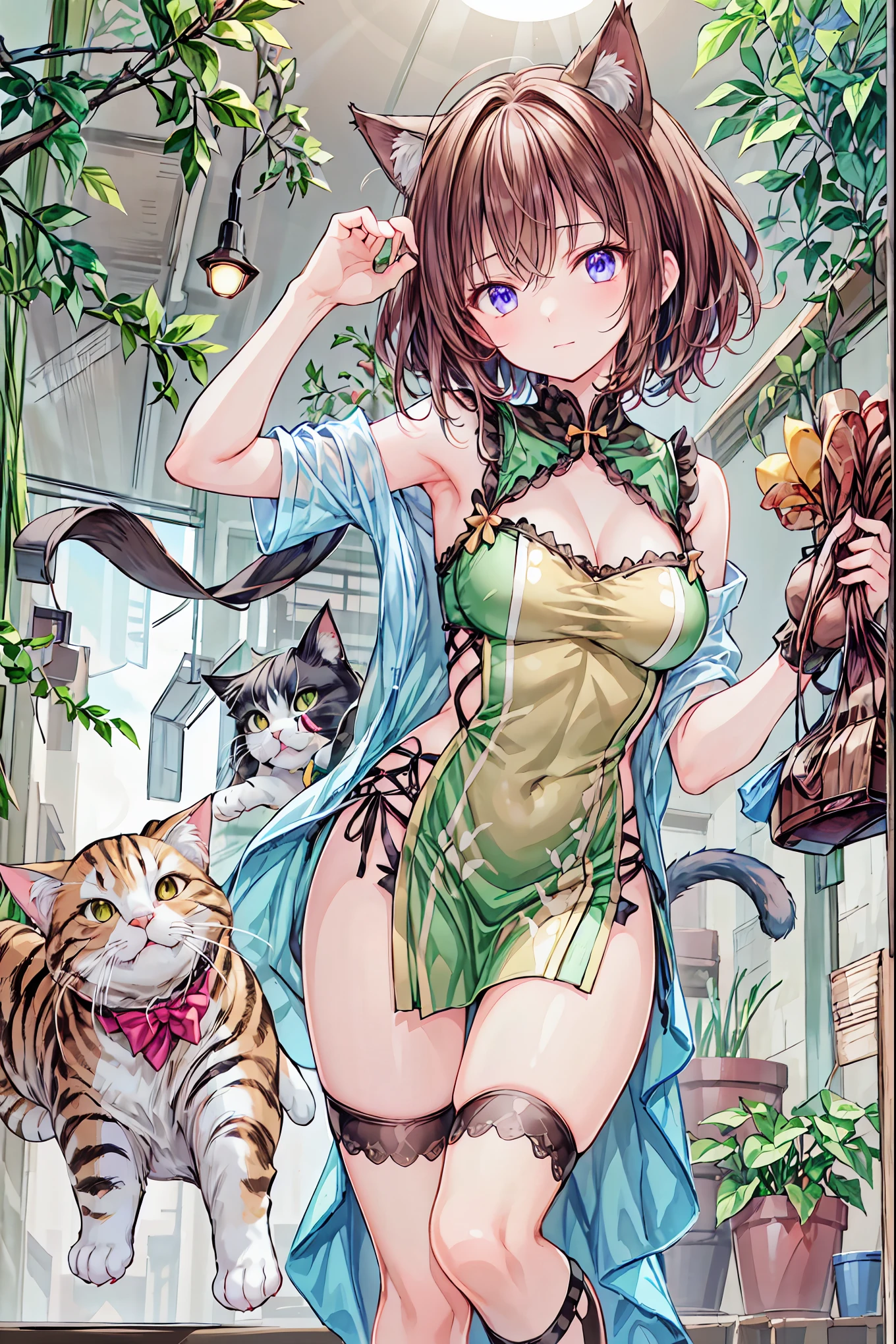 Ai Haibara,  girl ,  brown hair, cat ear, catの尾, Super high resolution, retina, masterpiece,  anatomically correct,  Textured Skin,   high detail ,  top quality, 三毛cat、cat、cat