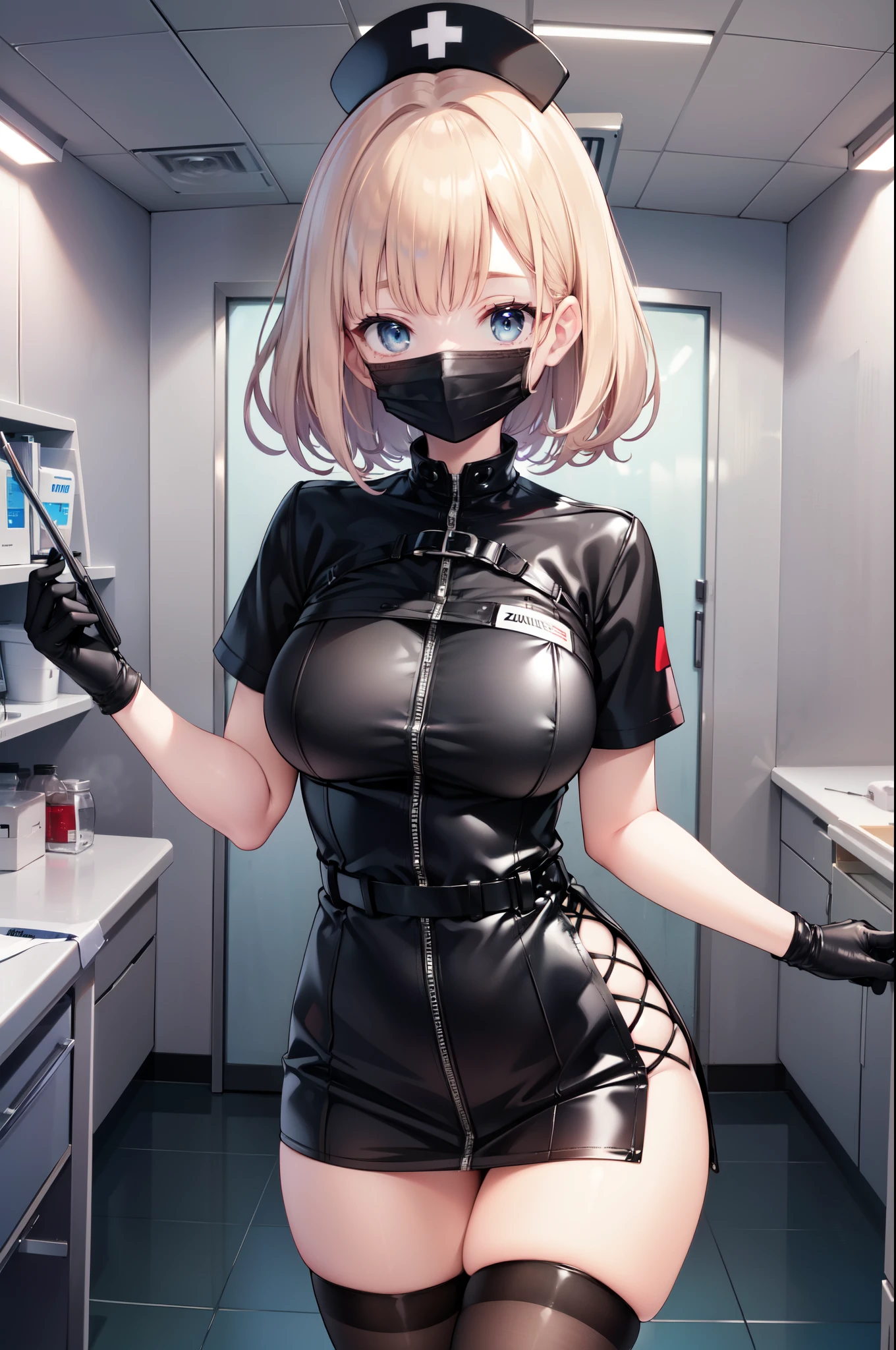 black nurse, 1woman, solo, black nurse cap, black nurse uniform, ((black legwear, zettai ryouiki)), black elbow gloves, blonde hair, blue eyes, ((black surgical mask, covered nose)), standing, ((surgery room)), sharp outline, short sleeves, mature female, 35 years old, best quality, masterpiece