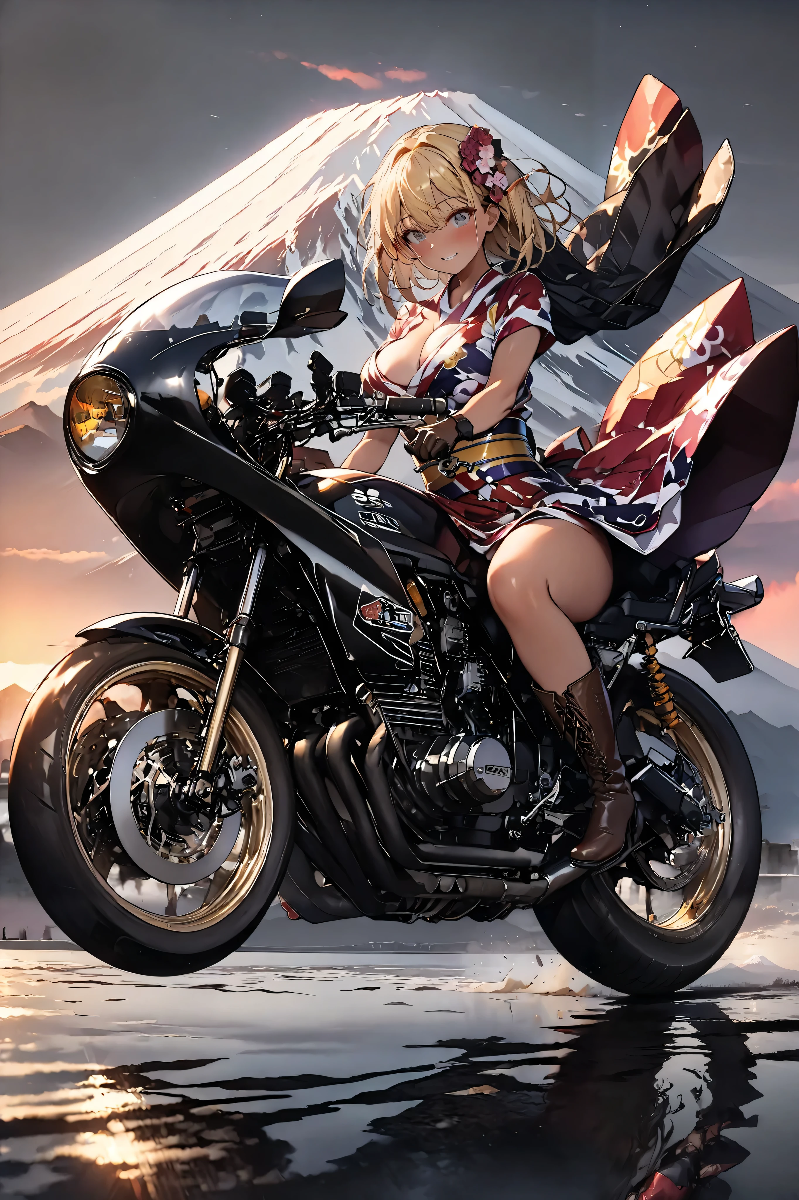 1  girl rides a motorcycle tuned to Honda CBX400F cafe racer specifications、 Japanese Kimono、Sunrise from Mt. Fuji 、Glossy tanned skin,  top quality ,  leather gloves , perfect face、Yellow Hair、 Japanese bad girl、 brown long boots 、 anatomically correct, 