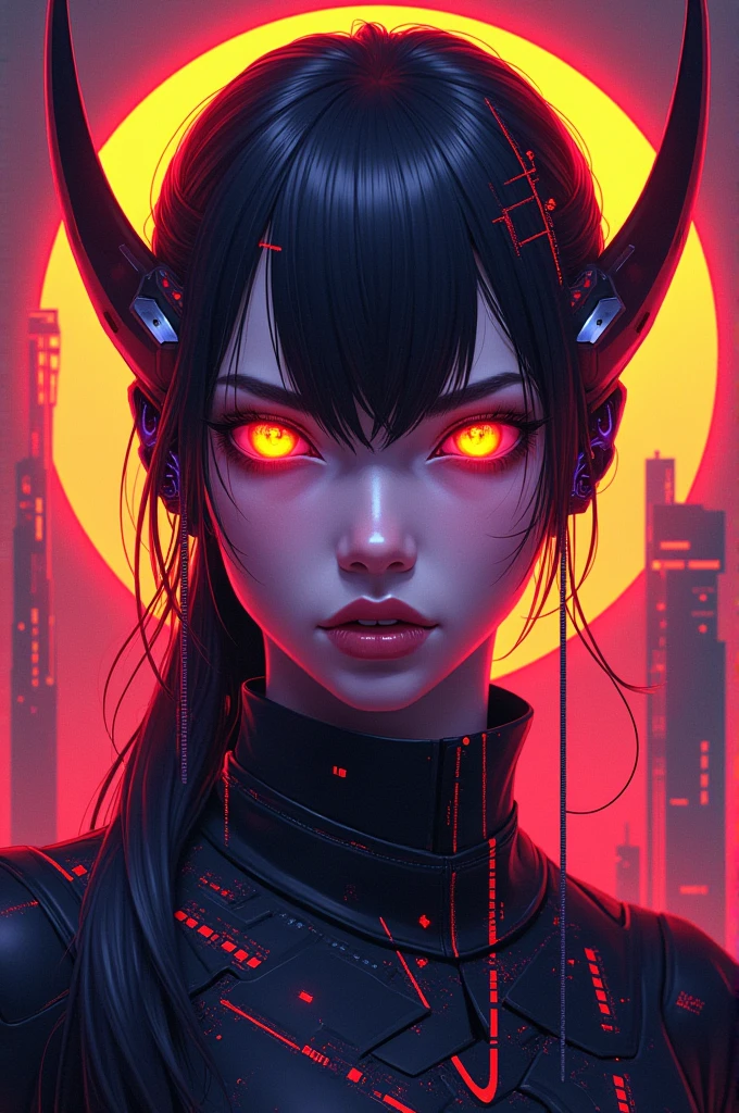 anime brazilian brain sick horror cover cyborg half demon creative background with neon red colors
