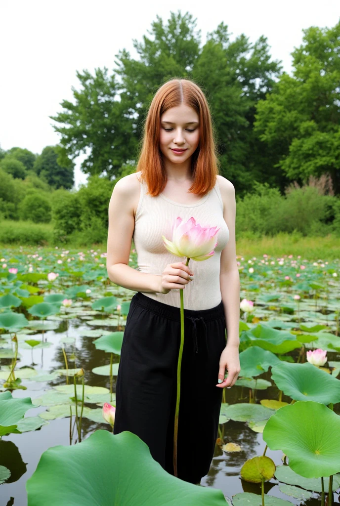 Full shot of a young woman standing waist-deep in a lotus pond. 


The woman is light-skinned with shoulder-length, reddish-brown hair.  She's looking down at a light pink lotus flower, holding the stem. She's wearing a sheer, off-white, sleeveless top and black loose-fitting trousers or pants. Her fingernails are painted a pale yellowish-green or pastel lime-green shade. 


The lotus pond is filled with green lily pads and several other pink lotus blossoms.  Water is visible around the woman's ankles.  The background is a mix of greenery, trees, and a light sky. The lighting suggests a natural outdoor setting, likely during the daytime. The focus is on the woman and the lotus flower.