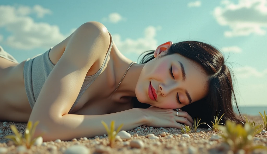 ((top quality, 8k, masterpiece: 1.3)), women (full body portrait, front, babydoll wearing, wet clothes, big breasts, cleavage),sandy beach, sunset, running pose, overhead camera, sharp focus: 1.2, cute women: 1.4, (((hairstyle random)), wet hair, very detailed face and skin and hair texture, detailed eyes, double eyelids, white skin, beautiful delicate nose, Cute young Japan woman, 28 years old, at a dynamic angle, is pleasing to the eye and suggestive composition, emphasizing the subject's hair, eyes, mouth and action, while exuding melancholy emotions characterized by a contrasting mix of muted tones and light and shadow,