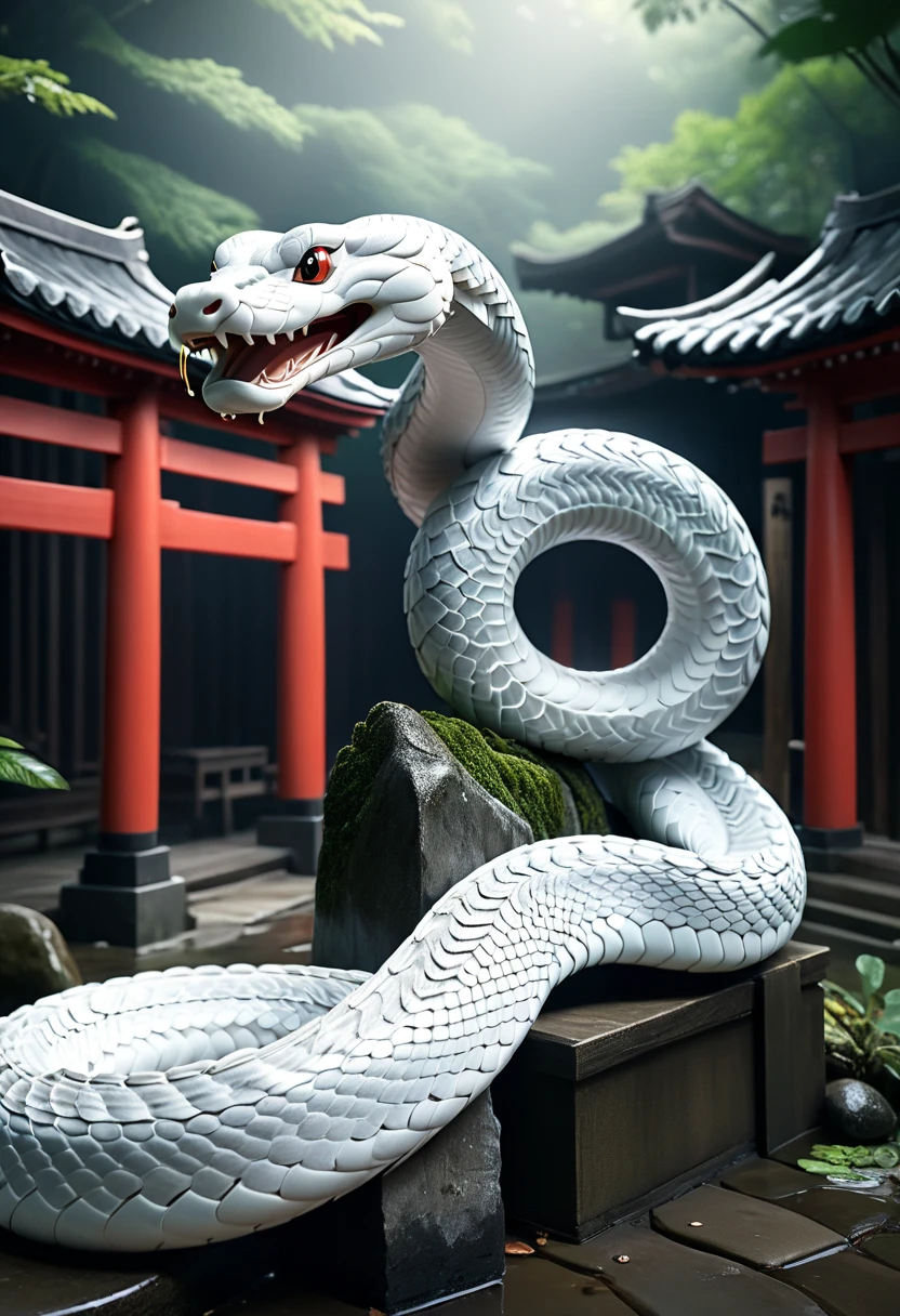 mysterious white snake, japanese zodiac, japanese shinto shrine, traditional shinto torii gate, (best quality, 4k, 8k, highres,masterpiece:1.2), ultra-detailed, (realistic, photorealistic, photo-realistic:1.37), HDR, UHD, studio lighting, ultra-fine painting, sharp focus, physically-based rendering, extreme detail description, professional, vivid colors, intricate details, highly detailed, ornate architecture, elegant composition, dramatic lighting, glowing translucent scales, coiled snake body, sinuous motion, ethereal atmosphere, mystical ambiance, atmospheric mist, soft warm lighting, detailed textures, dramatic shadows