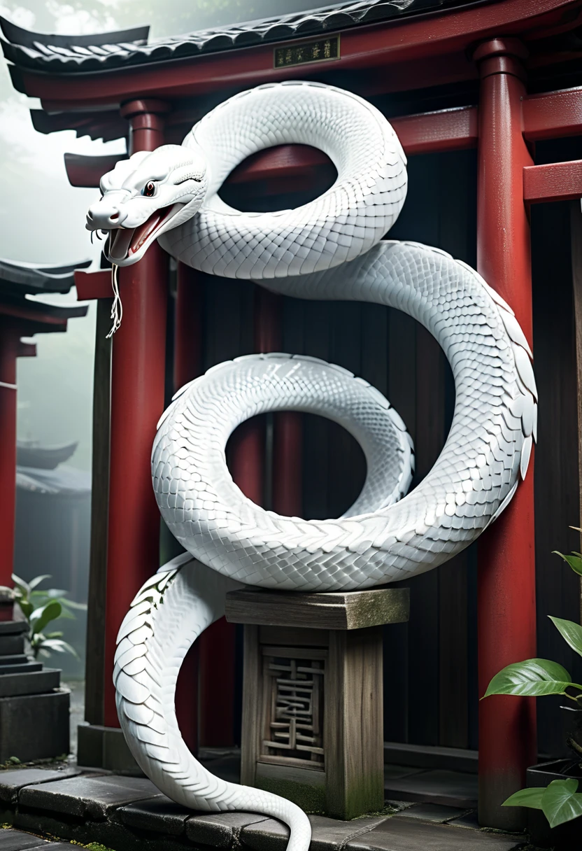 mysterious white snake, japanese zodiac, japanese shinto shrine, traditional shinto torii gate, (best quality, 4k, 8k, highres,masterpiece:1.2), ultra-detailed, (realistic, photorealistic, photo-realistic:1.37), HDR, UHD, studio lighting, ultra-fine painting, sharp focus, physically-based rendering, extreme detail description, professional, vivid colors, intricate details, highly detailed, ornate architecture, elegant composition, dramatic lighting, glowing translucent scales, coiled snake body, sinuous motion, ethereal atmosphere, mystical ambiance, atmospheric mist, soft warm lighting, detailed textures, dramatic shadows