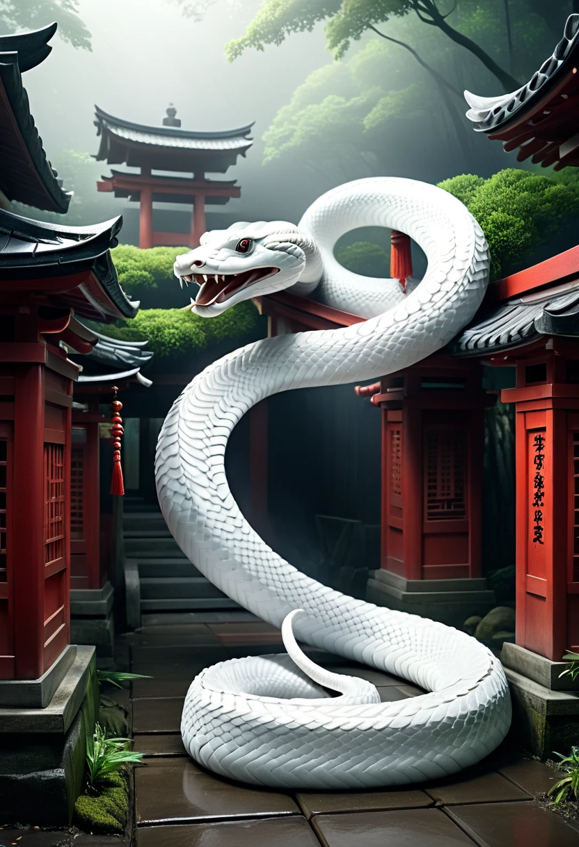 mysterious white snake, japanese zodiac, japanese shinto shrine, traditional shinto torii gate, (best quality, 4k, 8k, highres,masterpiece:1.2), ultra-detailed, (realistic, photorealistic, photo-realistic:1.37), HDR, UHD, studio lighting, ultra-fine painting, sharp focus, physically-based rendering, extreme detail description, professional, vivid colors, intricate details, highly detailed, ornate architecture, elegant composition, dramatic lighting, glowing translucent scales, coiled snake body, sinuous motion, ethereal atmosphere, mystical ambiance, atmospheric mist, soft warm lighting, detailed textures, dramatic shadows