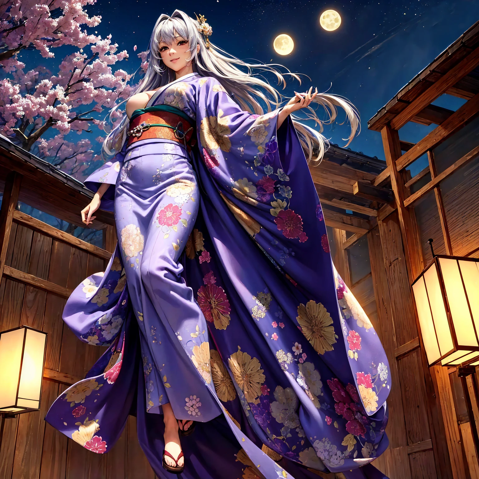 ((( top quality)))、((('s greatest masterpiece)))、Beauty Painting、 8k 、 Ultra High Quality、 perfect anatomy, 1 Female:Age 18、  BEAUTIFUL SLANDER BODY、 beautiful medium breasts、  beautiful faces:smile、 Silver Hair、 best skin and hair texture  、 wearing a beautiful floral kimono、(Beautiful Japanese Garden、Night sky and moon、The lantern lights up )、  the wind is blowing、 movie lights,  High Res Images、 Overall view of the body 、