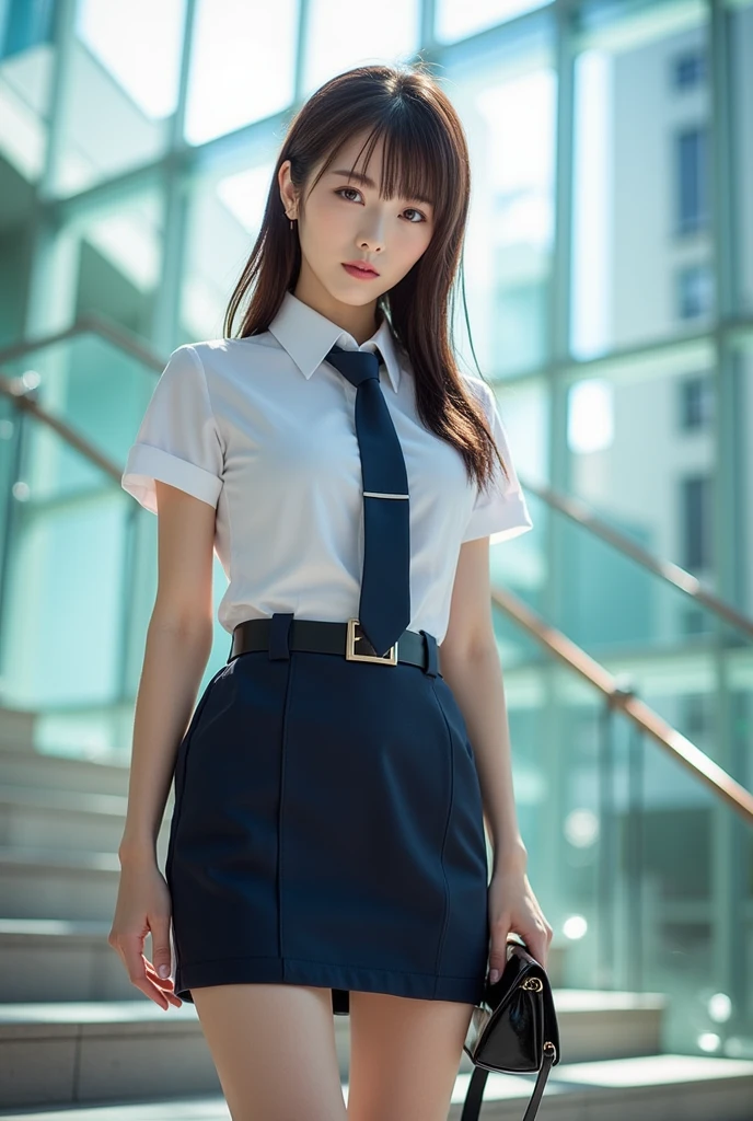 Beautiful Japanese waifu, early 30s, brunette hair, white shirt, pleated skirt