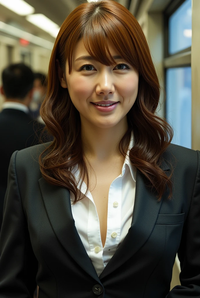   beautiful brown-haired woman  , Commuter trains in Japan,Crowded car interior,  business suit wearing a white shirt 、Wide Chest , ((Beautiful actress orgasms )) ,    sharp focus with eyes closed   , (  8K ultra HD :0.8),   super detailed ,   RAW amateur photo  ,(( face close-up )),((Frowning, Irritation, frown,  open your mouth wide ,Panting face,))Chest, neck, And a sweaty face  ,Coordinating Your Chest to SEXY ,  Beautiful Actress Scandals,Standing by the window of a crowded train 、 woman leaning against the man behind her  ,  leaning back from outside  , A man hugs a beautiful girl who looks like the heroine of an idol anime , sex,seat,(( sweaty chest and décolletage ,  sweaty skin,Sweaty, shiny skin)),(( Wet Filter)) climax face , the chest of the shirt was stretched out and I was sweaty ,Standing by the window of a crowded train ,  Chiseled Face 