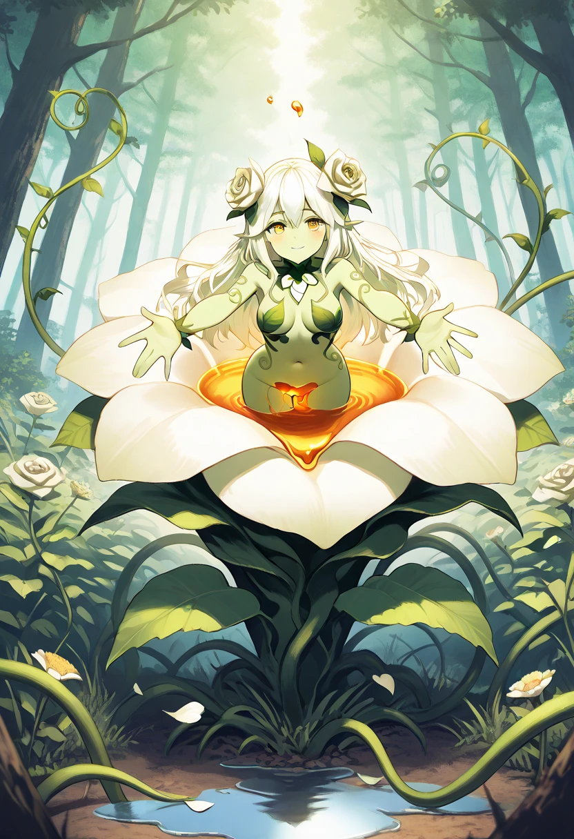 Gentle, alluring, calm, light green skin, white hair, 1girl, full body, stuck in giant flower, gigantic white rose, petals for clothes, vines, naked, lots of nectar, up right, small flower attached to side of head, standing inside gigantic flower, giant white flower, alraune, monster girl, flower girl, plant girl, white flowers, nectar, sticky, golden nectar, white petals, dripping, medium breasts, petal bra, revealing, vines on body, yellow eyes, gesturing forward, beaconing, luring in, welcoming, arms stretched out, looking at viewer, shoulder length hair, pure white flowers, puddle, green colored skin, ominous forest, nice ass, curvy, HD, masterpiece, super detailed,