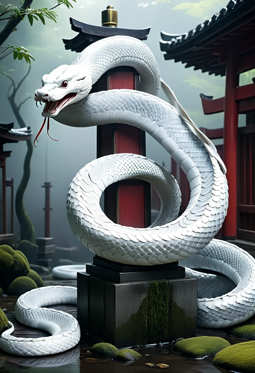 mysterious white snake, japanese zodiac, japanese shinto shrine, traditional shinto torii gate, (best quality, 4k, 8k, highres,masterpiece:1.2), ultra-detailed, (realistic, photorealistic, photo-realistic:1.37), HDR, UHD, studio lighting, ultra-fine painting, sharp focus, physically-based rendering, extreme detail description, professional, vivid colors, intricate details, highly detailed, ornate architecture, elegant composition, dramatic lighting, glowing translucent scales, coiled snake body, sinuous motion, ethereal atmosphere, mystical ambiance, atmospheric mist, thick fog, soft warm lighting, detailed textures, dramatic shadows