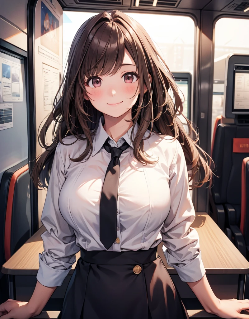 1 female、brown haired(Curta)、Top quality rimless glassy brown eyelids、ultra-detailliert、8K resolution、Raw photo、masutepiece、seductive boobs、gorgeous faces、Perfect body、A smile、Trem lotado、Morning rush、Inside a crowded train、