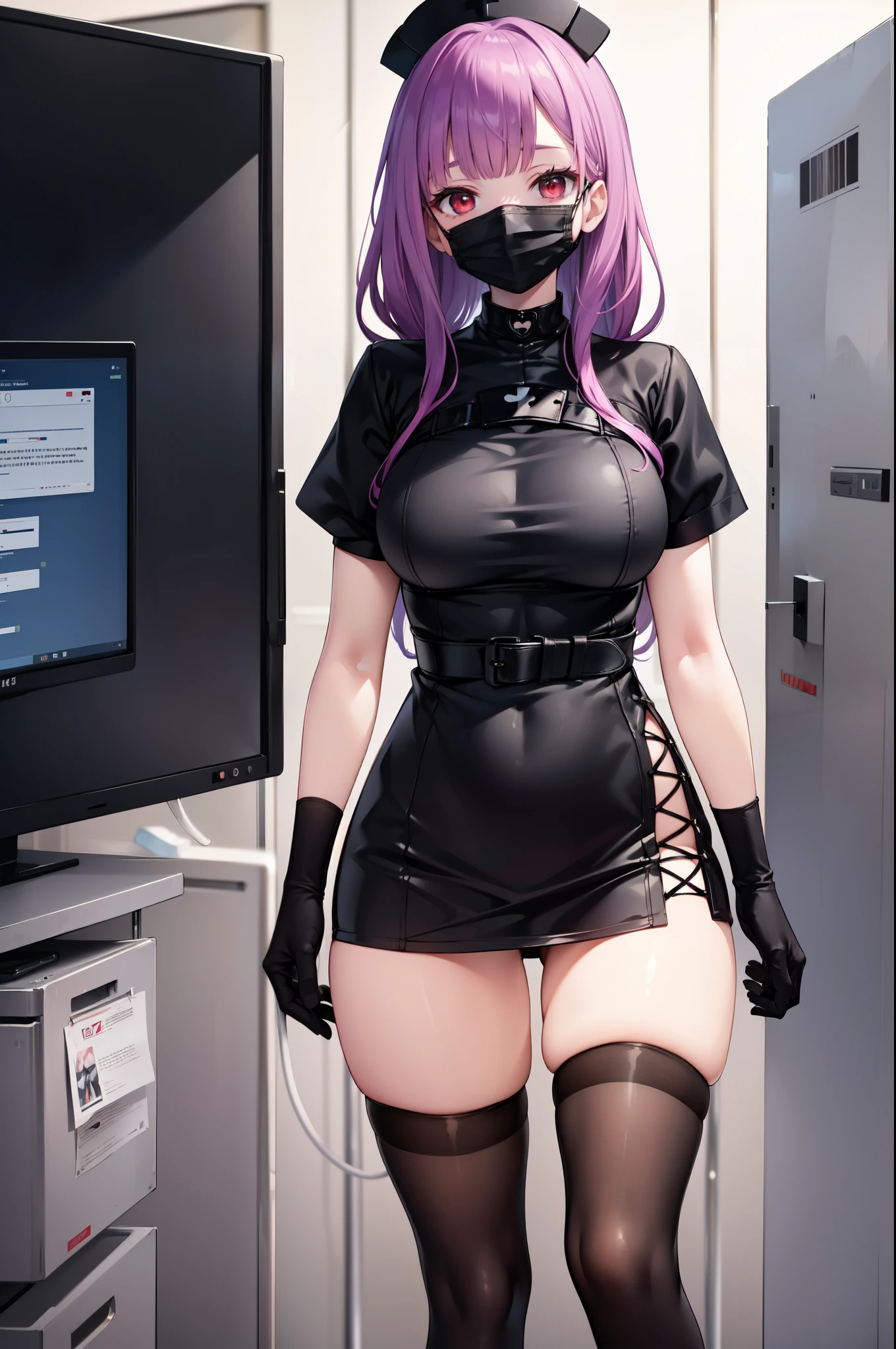 black nurse, 1 female, alone, black nurse cap, Black Wear, ((black legwear, zettai ryouiki)), black elbow gloves, pink hair, green eyes, droopy eyes, ((Black surgical mask, Covered nose)), Are standing, ((operating room)), sharp outline, short sleeve, mature woman, 32 years old, highest quality, masterpiece