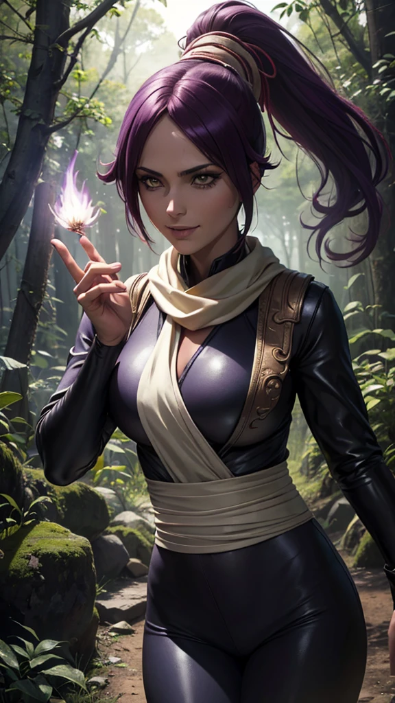 realistic 1.2, she is in the forest, ( masterpiece ,  Better quality: 1.2), cowboy photo, alone, 1 girl, shihouin yoruichi, smile,  looking at the spectator, ponytail, Purple May , white scarf, The level of detail is inspiring, realistic 1.2,  volumetric effects add depth and dimension , and the photorealism is unmatched.  The image is rendered in 8K resolution ,  ensuring super-detailed visuals .  Volumetric lighting adds a touch of magic ,  highlighting your beauty and aura in a supernatural way . Um High Dynamic Range (HDR) makes the cores stand out, adding richness to the overall composition. In the end, this art presents an unreal portrait.