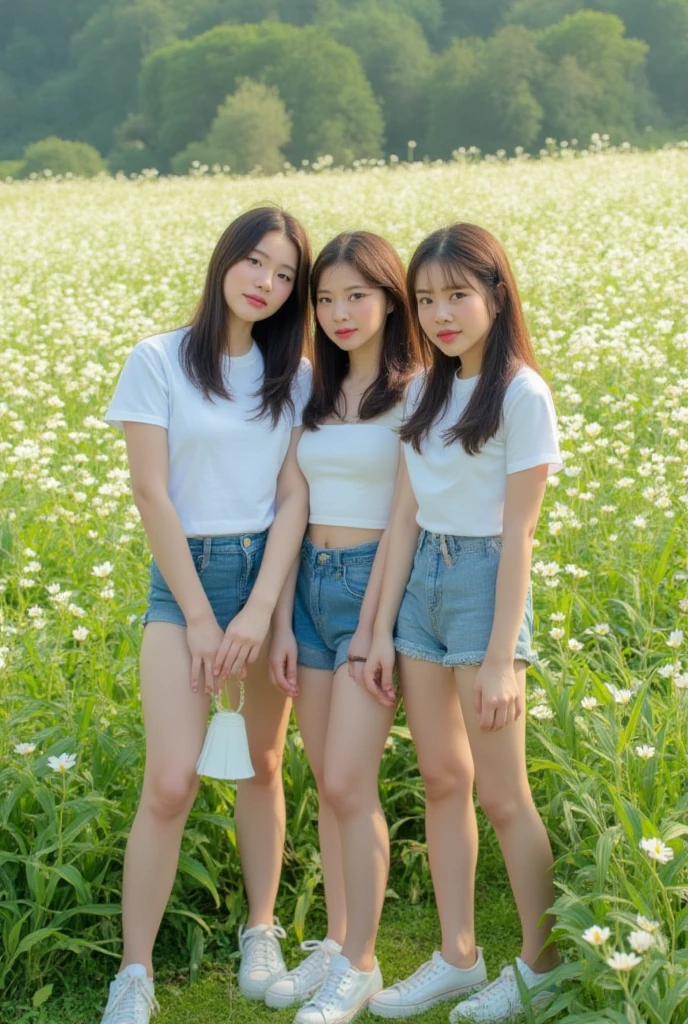 (3 girls), Young faceอินโดนีเซีย, 12 years,smile, white skin, Round breast, blue eyes,(( A white shirt reveals her breasts. ))Masterpiece, Highest quality, 8K, beautiful girl, Young face、 photography, Cute face, thigh,In the meadow, Embarrassing、รอยsmile、((((((อายุ 12 years))))))、small waist、 ((Busty breasts))