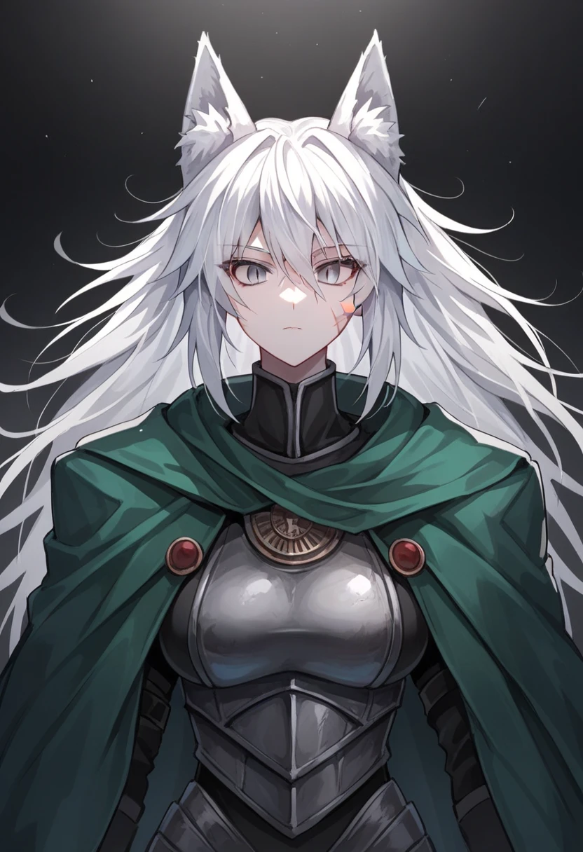 One woman, mature, female anime character with white hair, large wolf ears, wolf tail, expressionless, green cloak, worn ancient plain armor, face scars, gray eyes, dead eyes, slit pupils, black undersuit, rogue anime woman, detailed anime character art, necromancer, dark, female anime character, anime character art, facing center,ultra-detailed,dark colors, dark lighting, dark background, sharp focus, AissistXLv2 