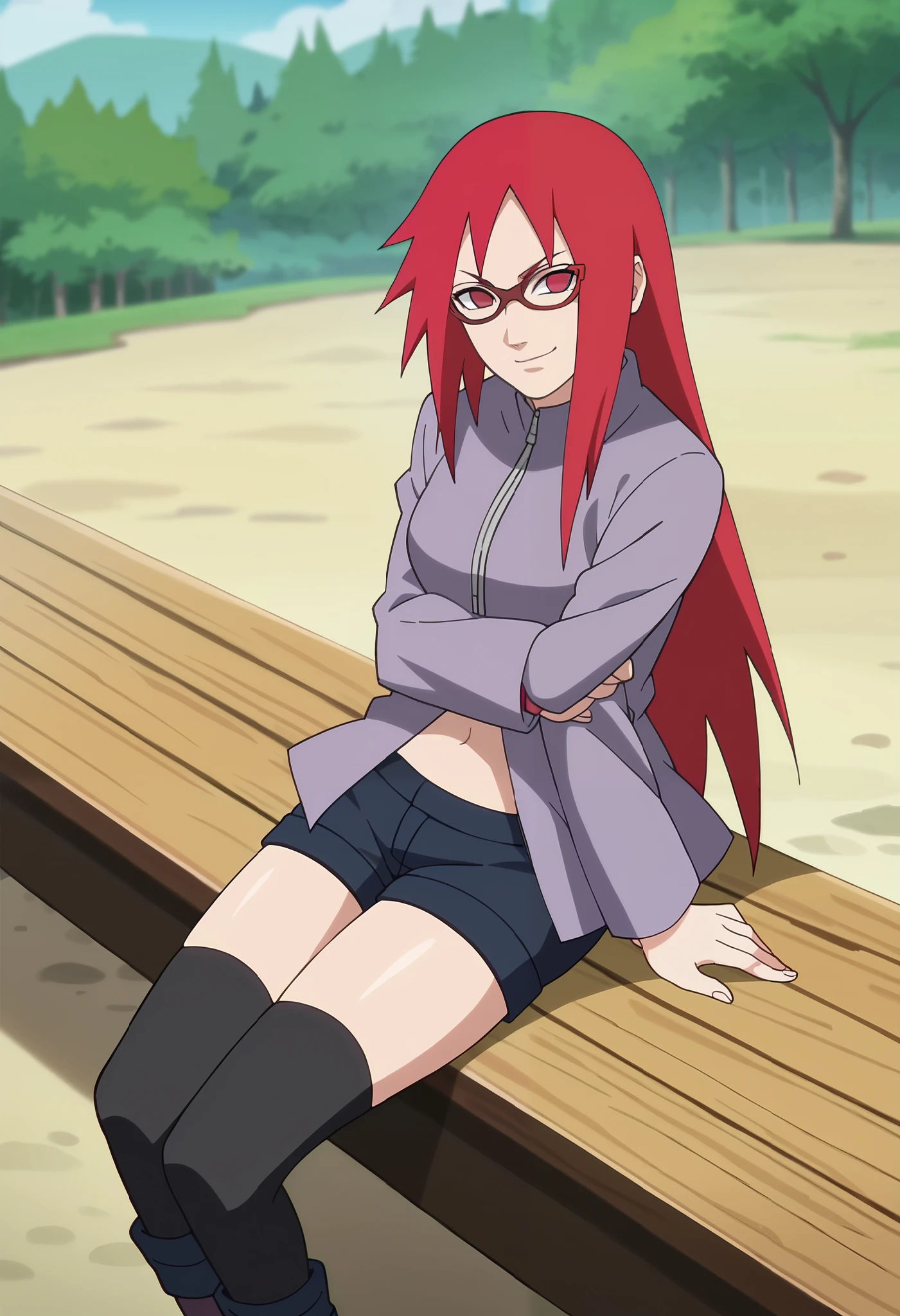 red hair, 1girl, glasses, long hair, red eyes, solo, long shirt, black thighhighs, black shorts, navel, looking at viewer,medium breasts, long sleeves,  smirk,outdoors , no pupils, sitting,legs together, zipper,toeless footwear, 
anime screencap, anime coloring,source_anime,naruto \(series\), naruto shippuuden,