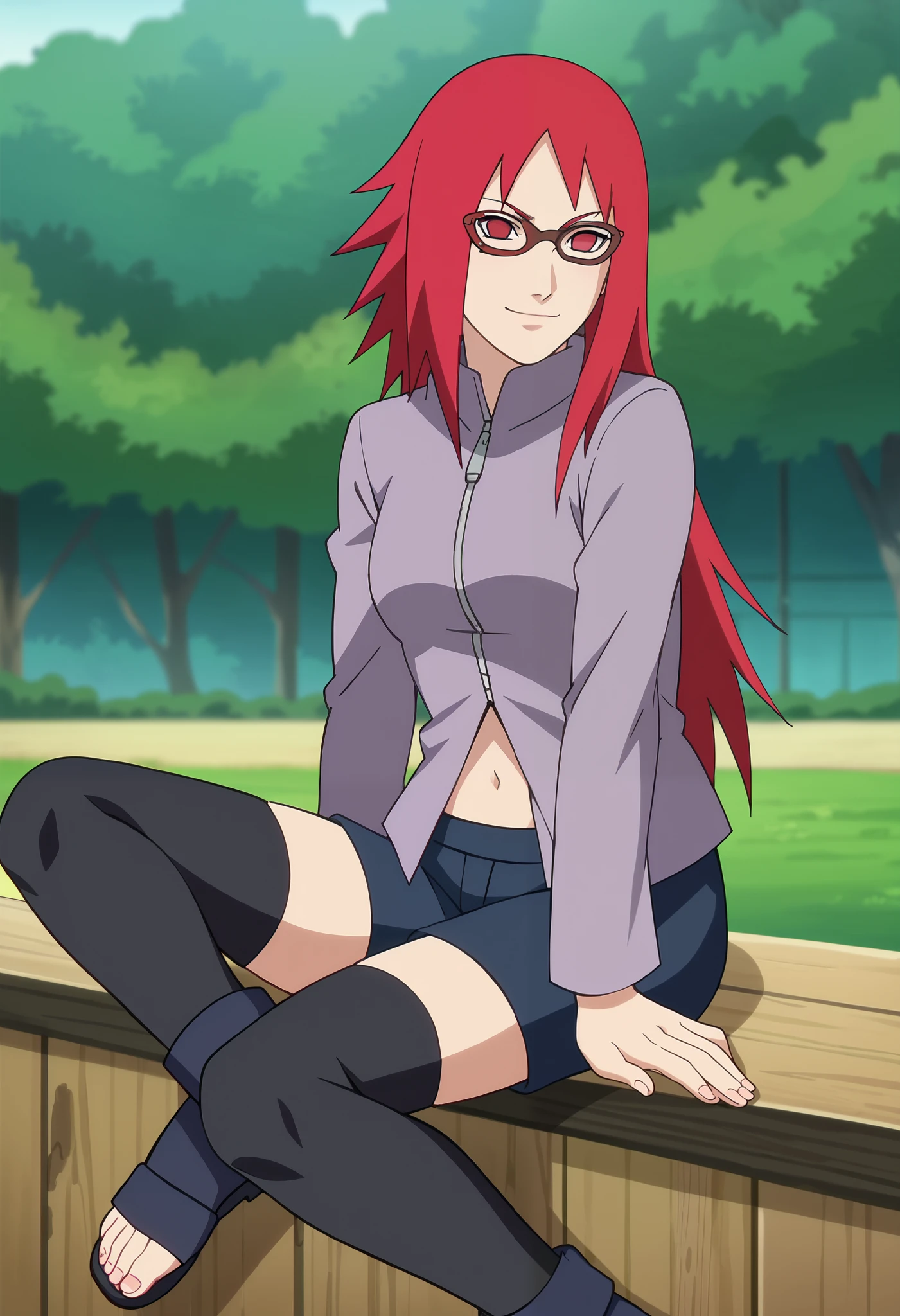 red hair, 1girl, glasses, long hair, red eyes, solo, long shirt, black thighhighs, black shorts, navel, looking at viewer,medium breasts, long sleeves, smirk,outdoors , no pupils, sitting,legs together, zipper,toeless footwear,
anime screencap, anime coloring,source_anime,naruto \(series\), naruto shippuuden,
