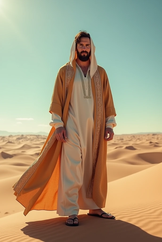 Lionel Messi wearing a Moroccan djellaba. In the desert.