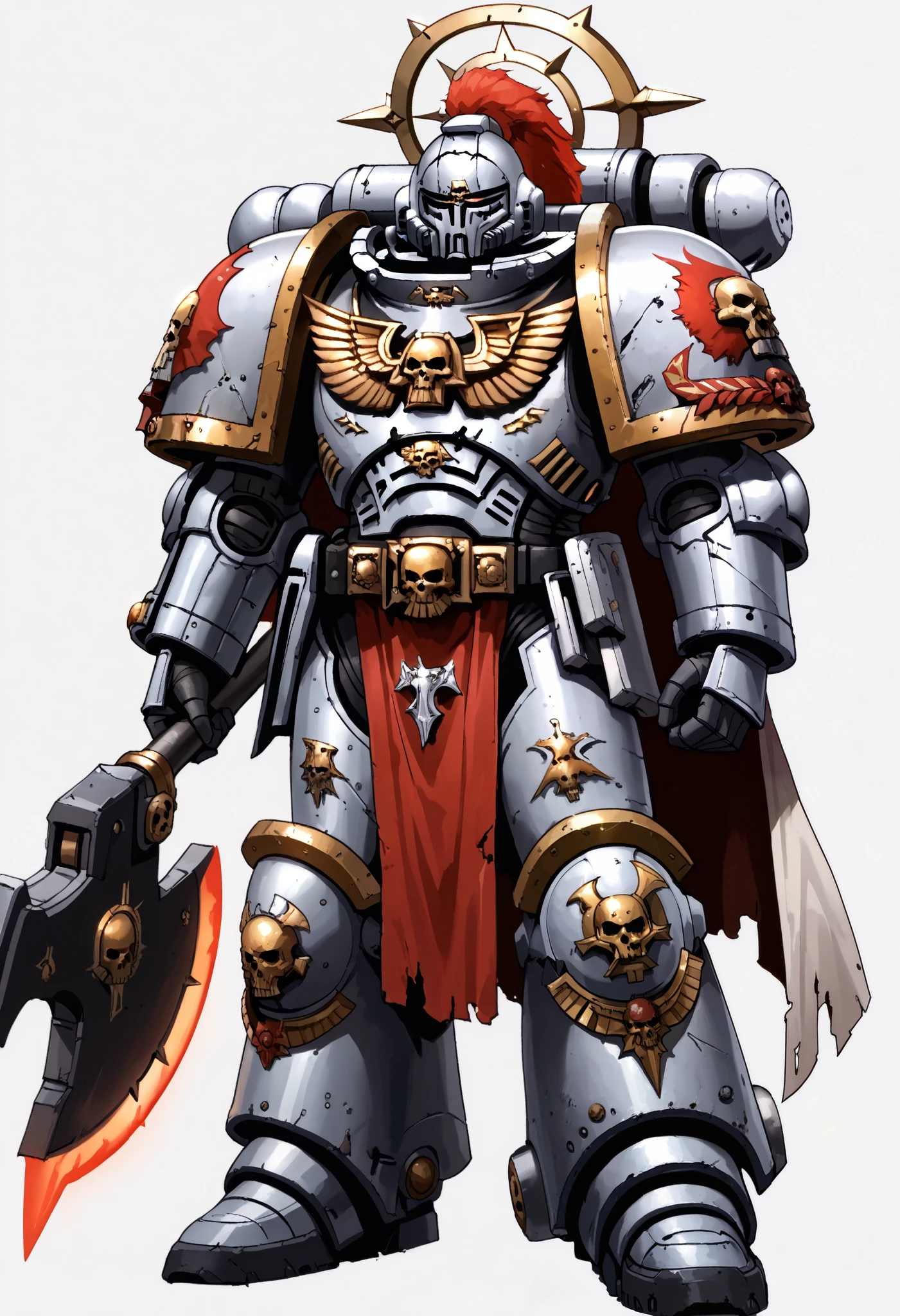 Anime, Concept art, Absurd resolution, high resolution, (masterpiece: 1.4), hyper-detail, warhammer 40k terminator armor, Juggernaut armor, heavy armor, knight, full body, glowing weapon, cloak, silver armor, edgy, grimdark, octosoup, 1man, bulky, buff, red plume, loin cloth, primaris helmet, reference sheet, iron halo, UltraM40k, full shot, Holding_Halberd_V1, whtitus